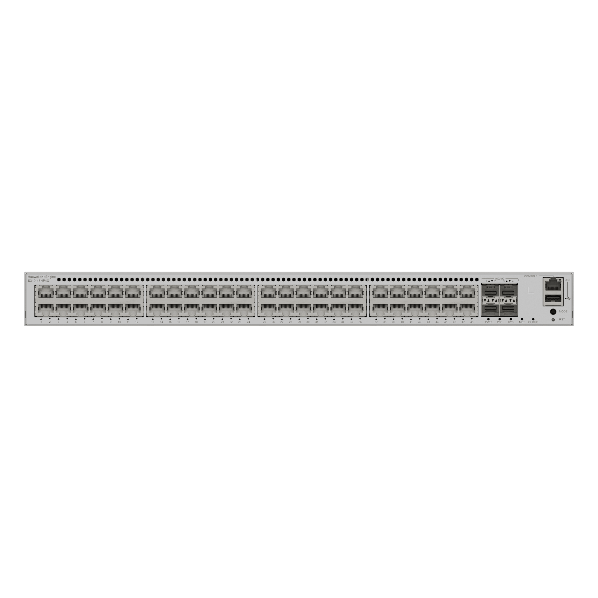 Switch Core/Distribución eKit Administrable / Capa 3 / 48 puertos Gigabit PoE+ + 4 SFP+ / PoE Perpetuo / PoE Budget 849 W / Sin Licenciamiento — HUAWEI · SKU S310-48HP4X