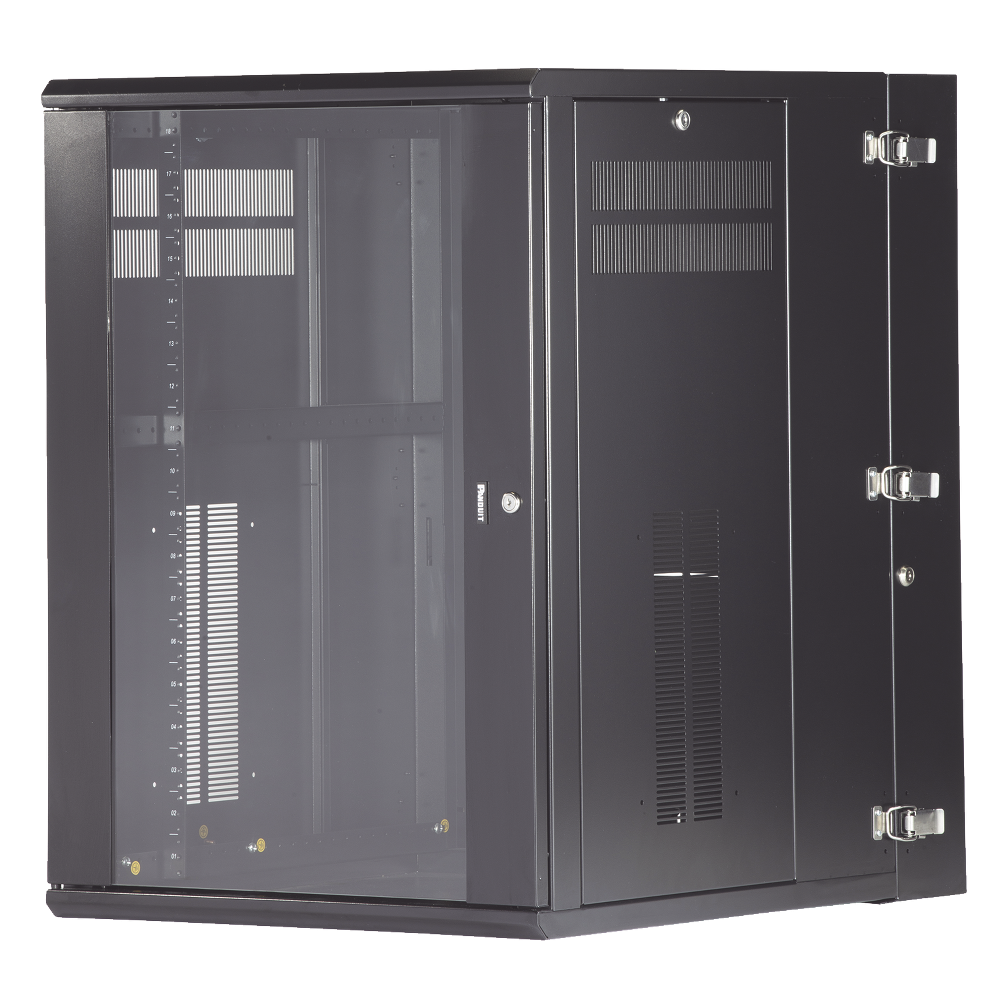 Gabinete PanZone de Montaje en Pared, de 19in, Puerta con Ventana de Seguridad, 18 UR, 762mm de Profundidad, Color Negro — PANDUIT · SKU PZWMC1830W