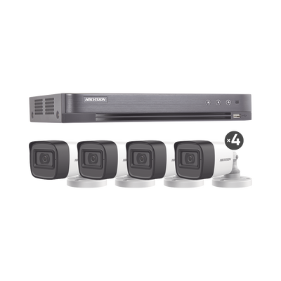 (MICRÓFONO INTEGRADO) KIT TURBOHD 5 Megapixel / DVR 4 Canales / 4 Cámaras Bala con Micrófono Integrado (exterior 2.8 mm) / Fuente de Poder / Accesorios de Instalación — HIKVISION · SKU HIK5MPSLQ-KIT(B)