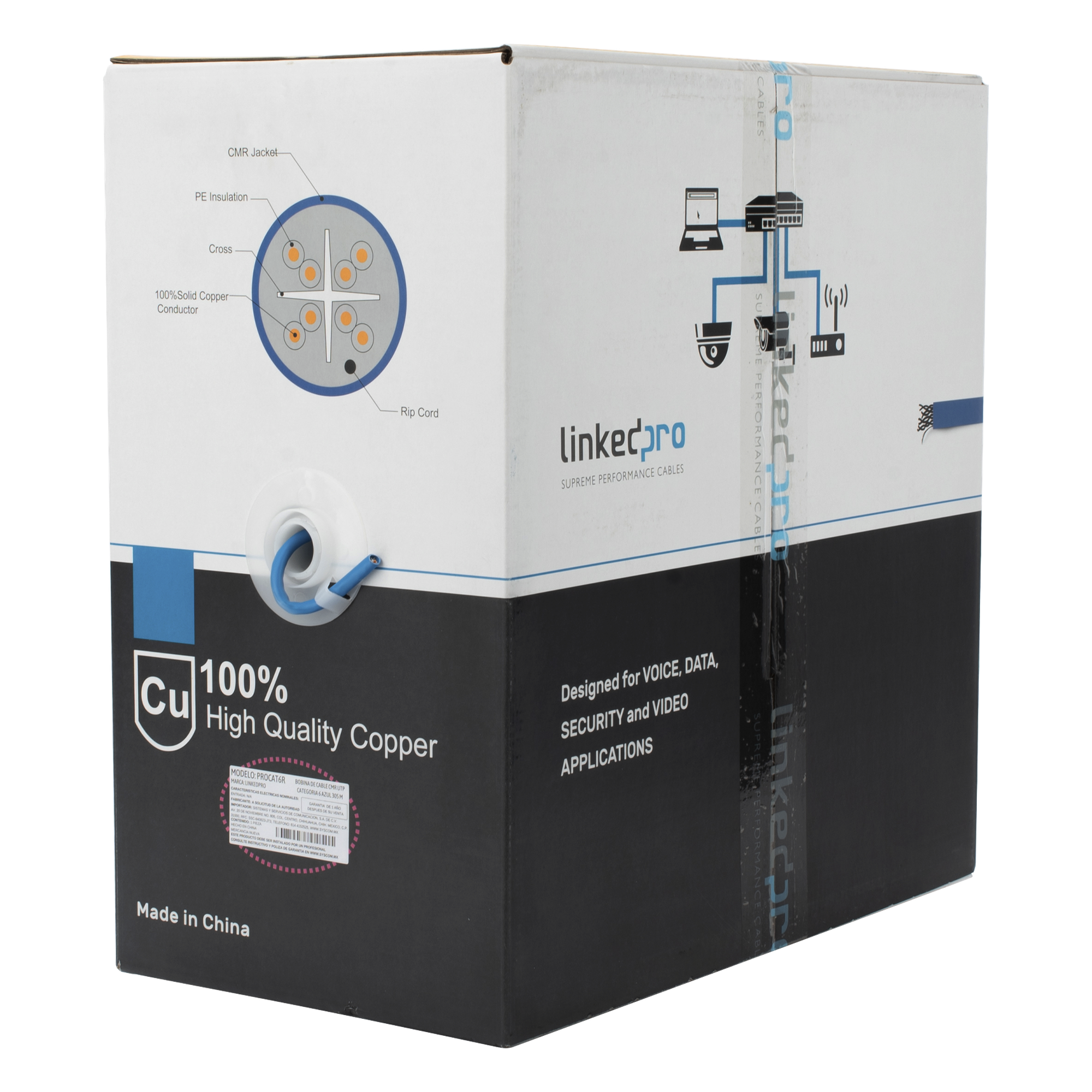 Bobina de Cable de 305 Metros (1000 Pies) Cat6+, CMR, Calibre 23 Alto Rendimiento, ETL, UL, Color Azul, Super Flexible, para Aplicaciones de Video Vigilancia, Video HD, y Redes de Datos. Uso Interior. — LINKEDPRO BY EPCOM · SKU PRO-CAT6-R
