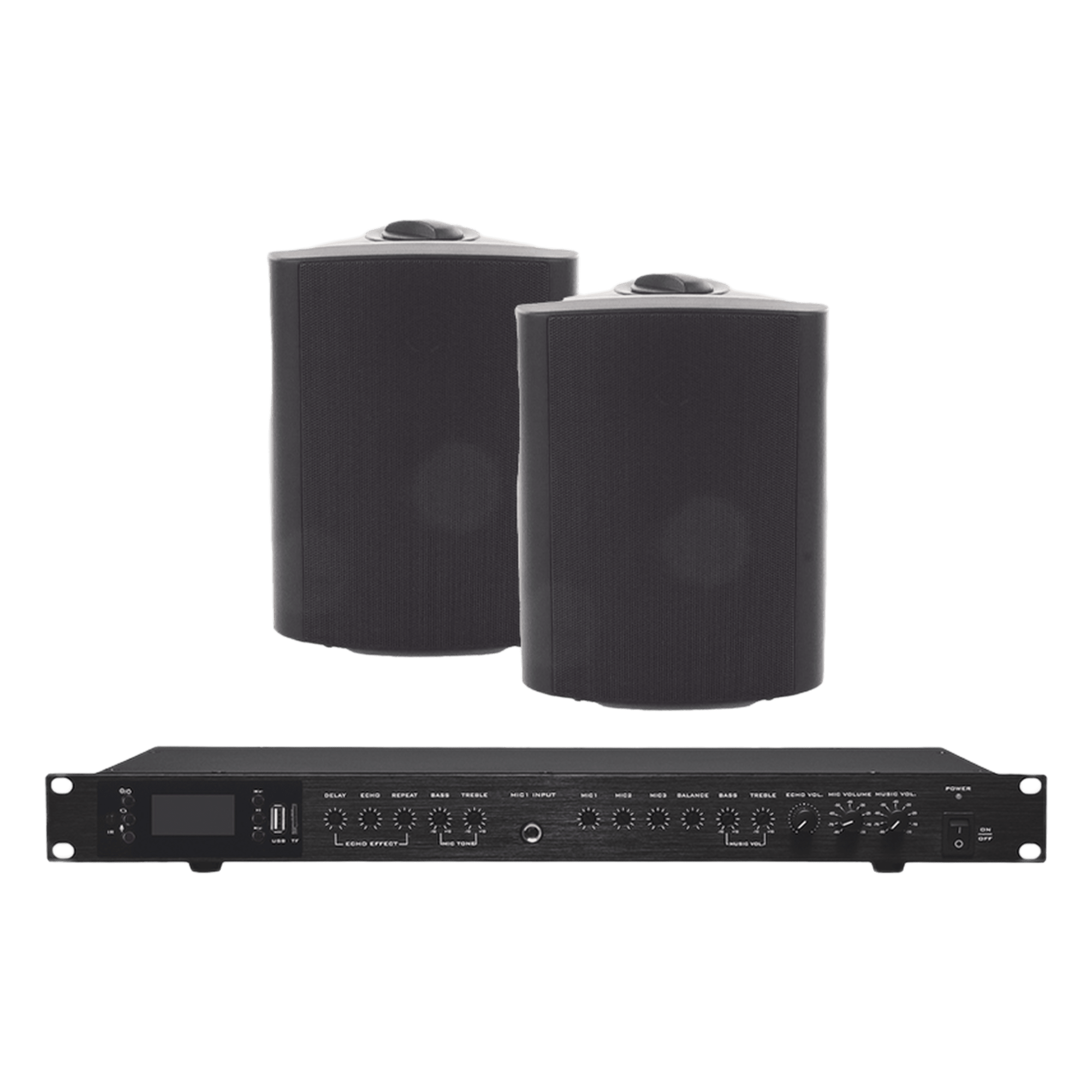 Amplificador de Audio con 2 Bocinas OL-5BK | 2 x 60W | Baja Impedancia 4 - 8Ω | Reproductor Bluetooth, USB, SD | Efectos Integrados Delay, Echo, Repeat — EPCOM PROAUDIO · SKU EP2060W/2WSB