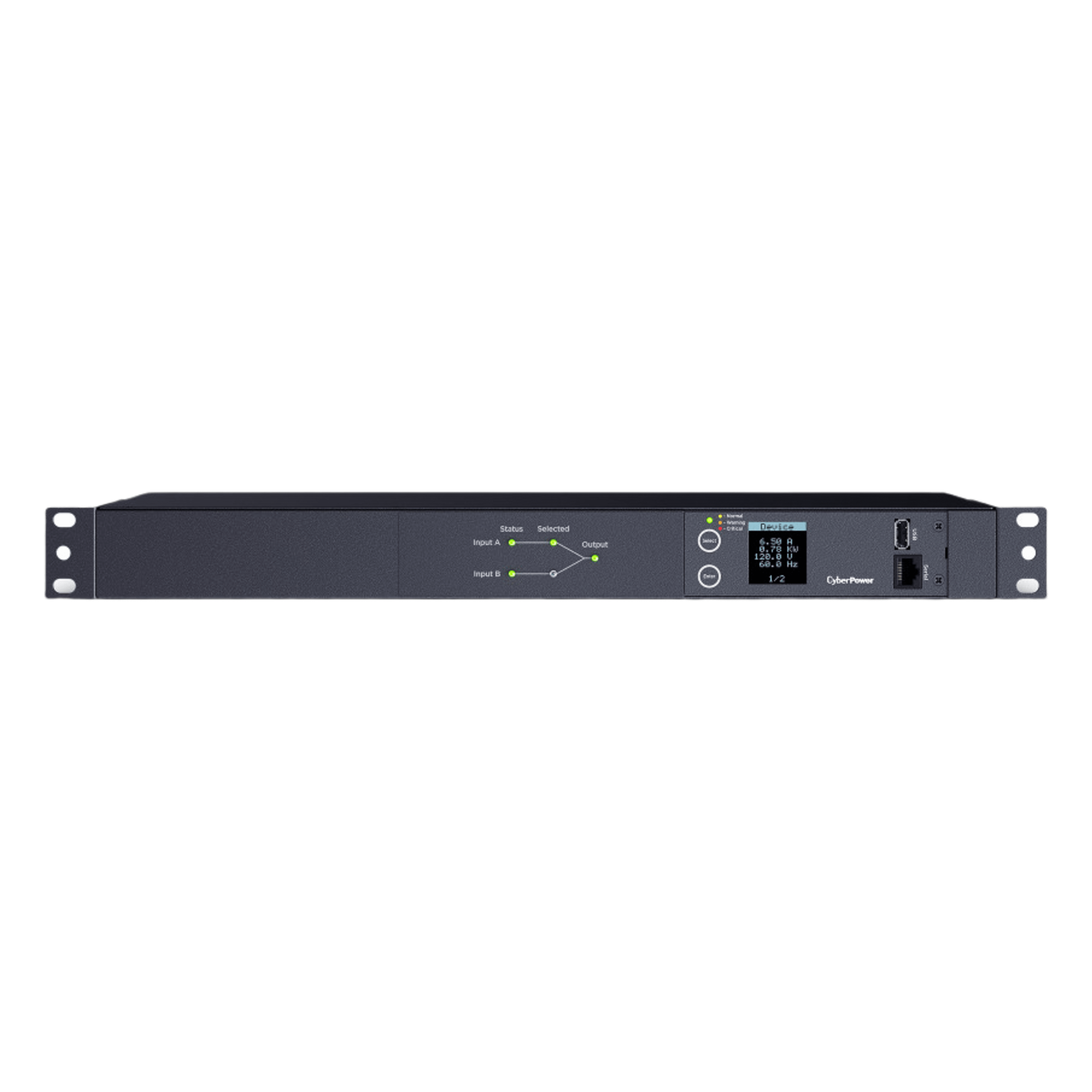 PDU ATS (Fuente Redundante Auto-transferible) Medible, Para Distribución de Energía, 2 Entradas 120 Vca NEMA5-15P, Con 10 Salidas NEMA 5-15R, Horizontal 19in, 1UR — CYBERPOWER · SKU PDU24001