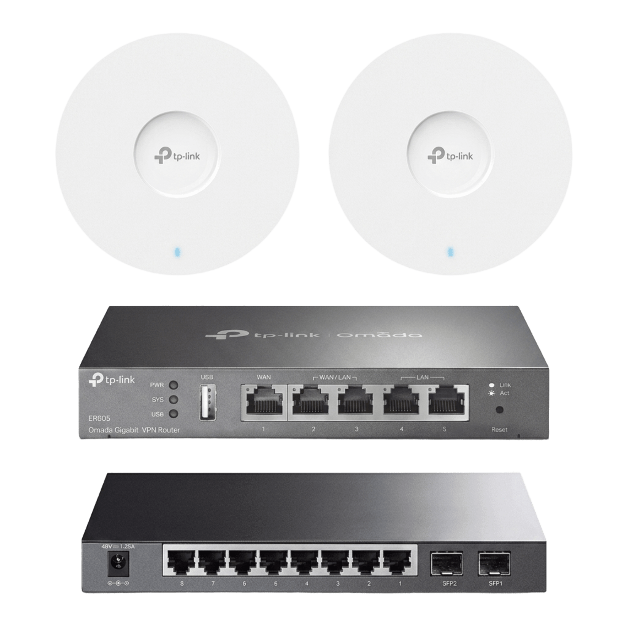 Kit de Iniciación en redes OMADA / 1 Router / 1 Switch TL-SG2210P / 2 Punto de Acceso EAP613 — TP-LINK · SKU KIT-M1-OMADA