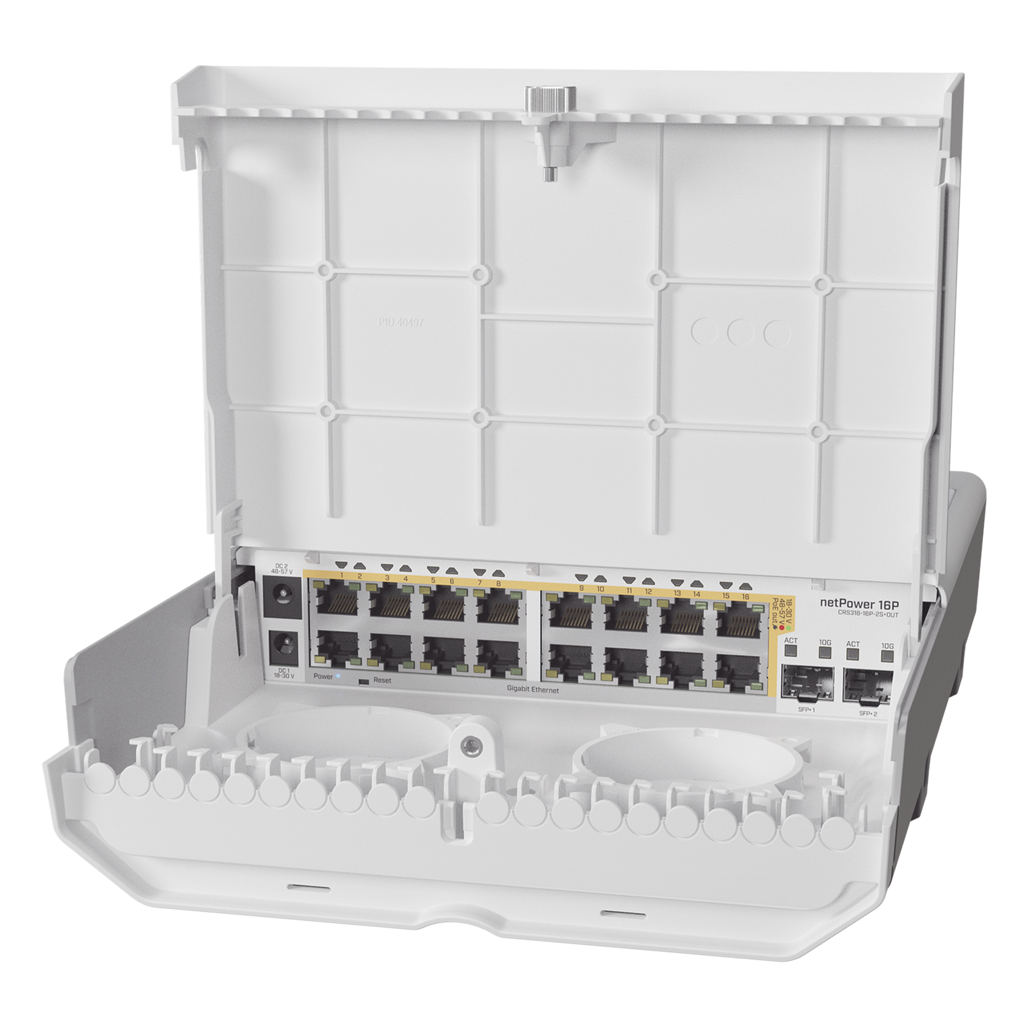 (netPower 16P) Switch administrable Sistema Operativo Dual, 16 puertos c/PoE, 2 puertos 10G SFP+ para Exterior — MIKROTIK · SKU CRS318-16P-2S+OUT