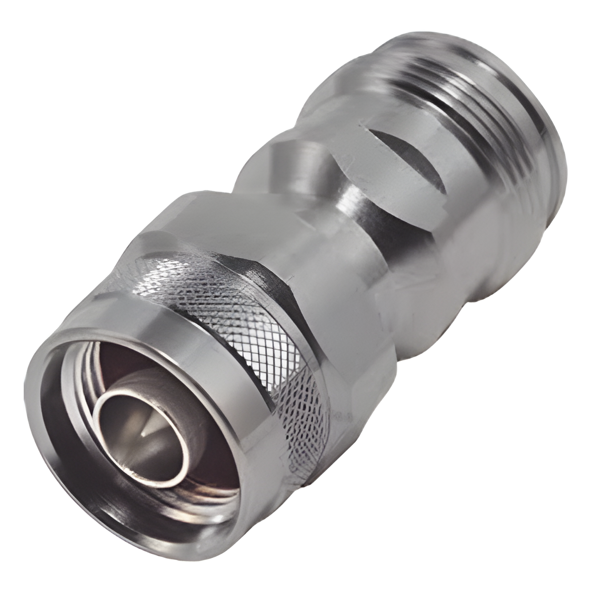 Adaptador RF en Línea / 4.3-10 Hembra a N Macho / 50 Ohm / 5,500 MHz / VSWR 1.10:1 / PIM -160 dBc — RF INDUSTRIES,LTD · SKU RFD-43F-NM