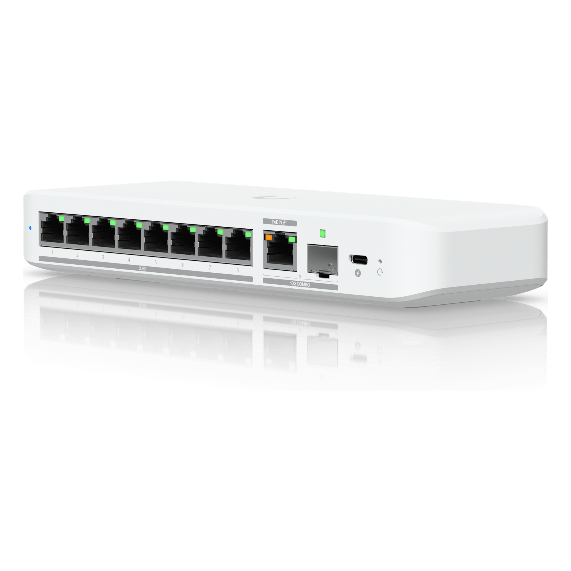 USW Flex 2.5G Switch de 8 Puertos 2.5GbE, con un Puerto de Enlace Ascendente Combinado RJ45/SFP+ de 10 GbE, Incluye Adaptador ca/cc — UBIQUITI · SKU USW-FLEX-2.5G-8