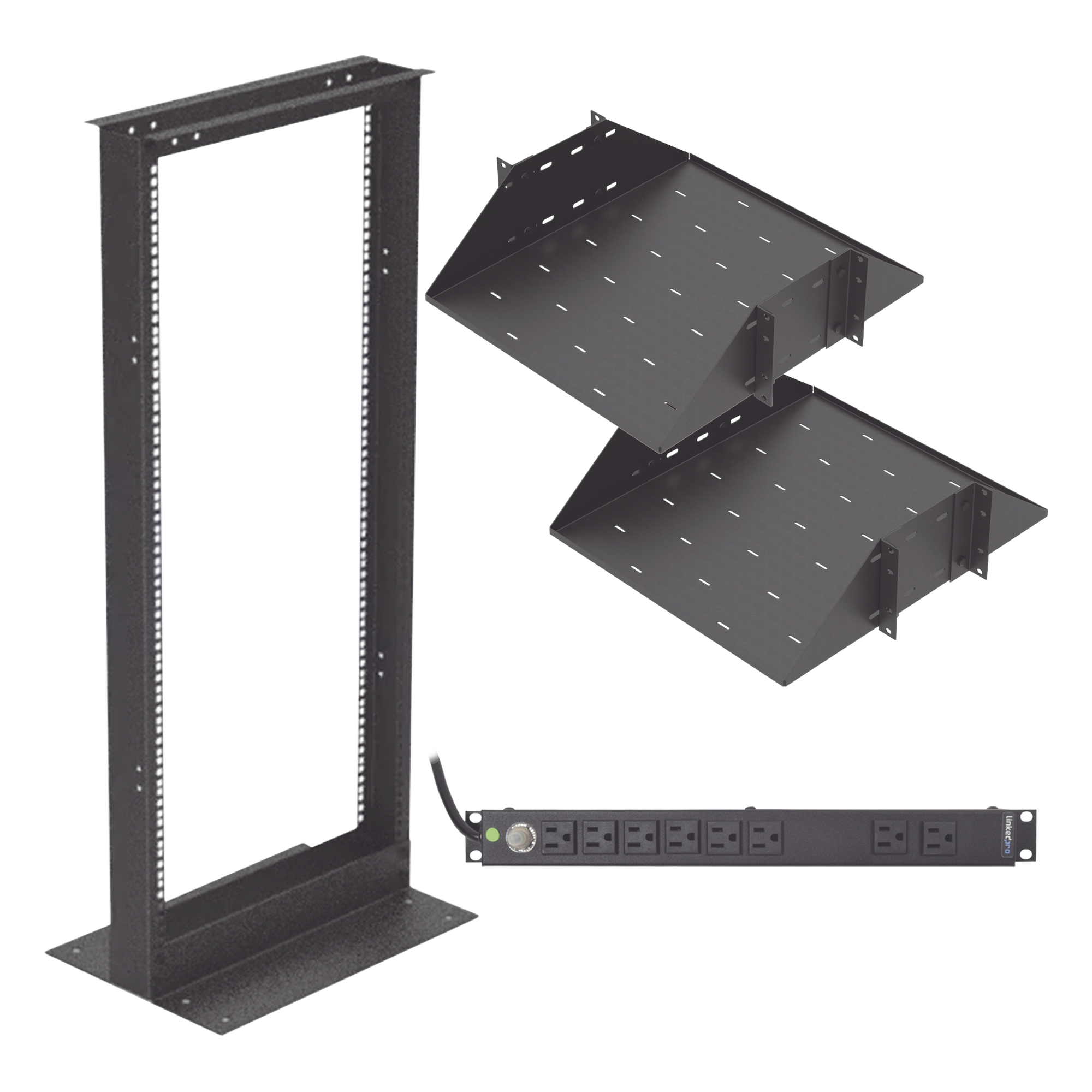 Kit de Rack Estándar 19", 24 UR con 2 Charolas y PDU (8 tomas). Ideal para UPS y Servidores tipo Torre. — LINKEDPRO BY EPCOM · SKU KIT-ORG-24HD