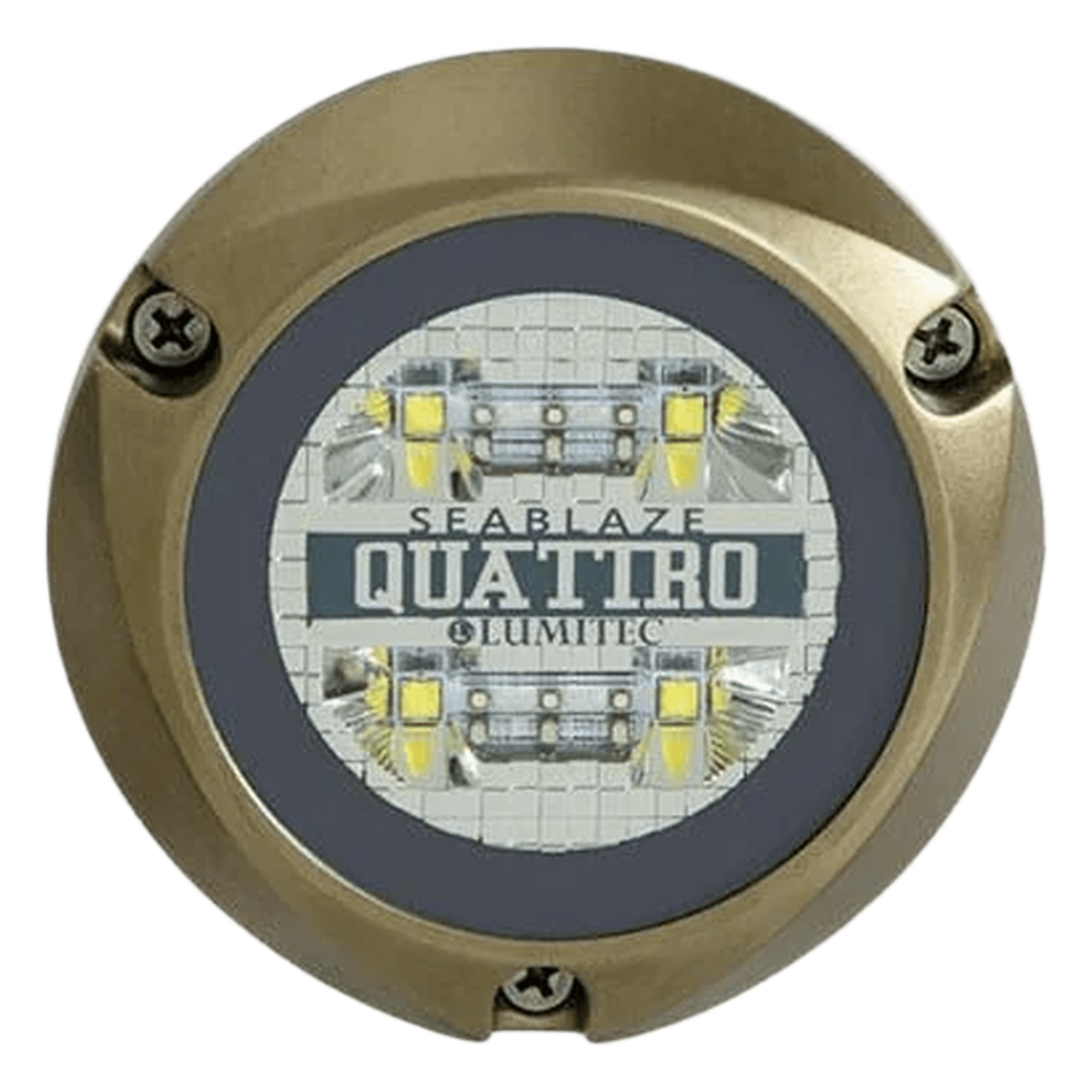 Luz led marina sumergible SeaBlaze Quattro, emite luz de color blanco y azul de 2000 lúmenes, fabricada en bronce naval con grado de protección IP68. — LUMITEC · SKU 101511