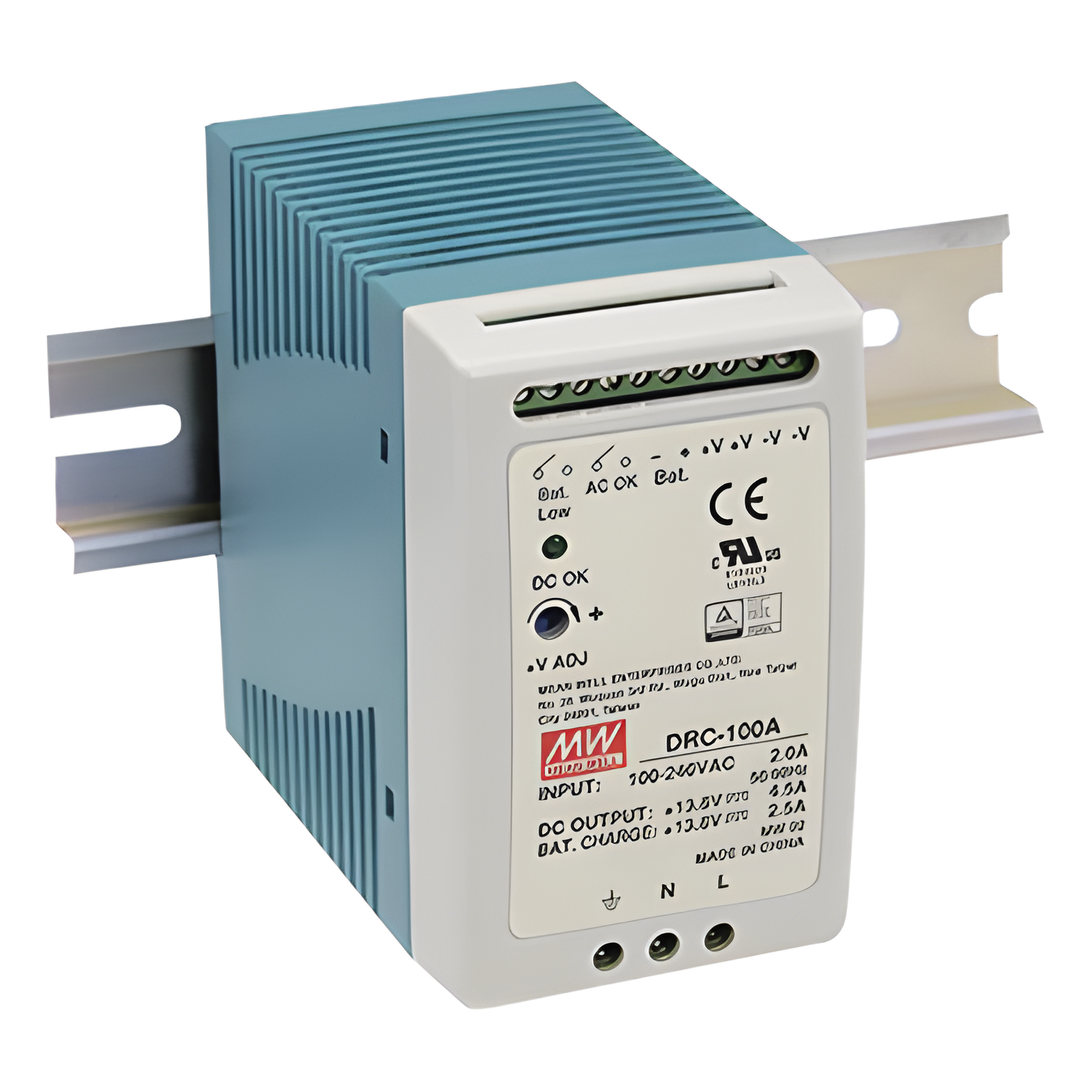 Fuente de poder Riel Din 12V, 100W con Cargador de Batería — MEANWELL · SKU DRC-100-A