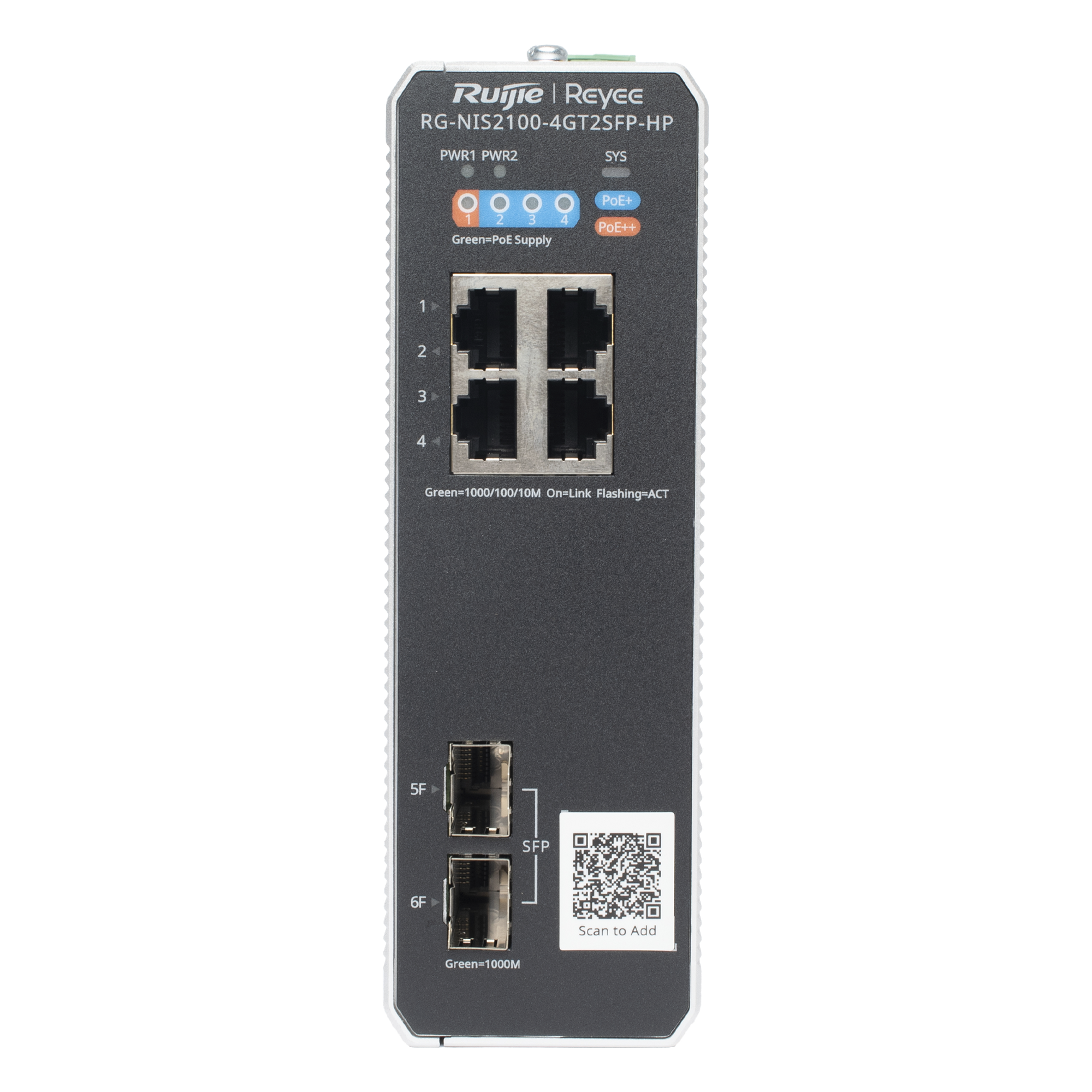 Switch Industrial PoE+ hasta 180 watts , Ideal para temperaturas Extremas y protección contra descargas, 1 puerto PoE++ 60W y 3 puertos PoE+ 30W, 2 SFP Uplink — RUIJIE · SKU RG-NIS2100-4GT2SFP-HP