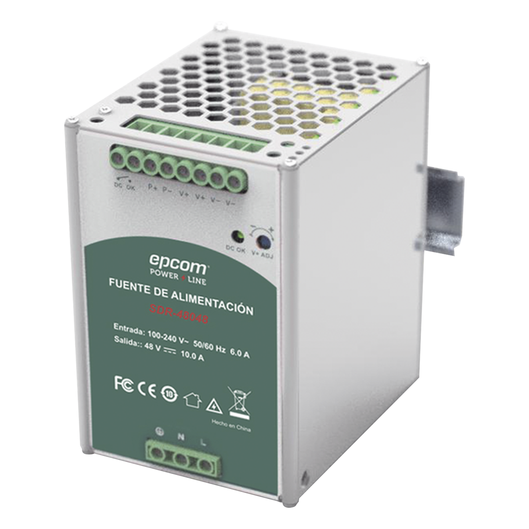 Fuente de Poder Industrial 48 Vcc @ 10A / 480W / Función relay Vcc  / Función de Conexión Paralelo / Riel Din — EPCOM POWERLINE · SKU SDR-48048