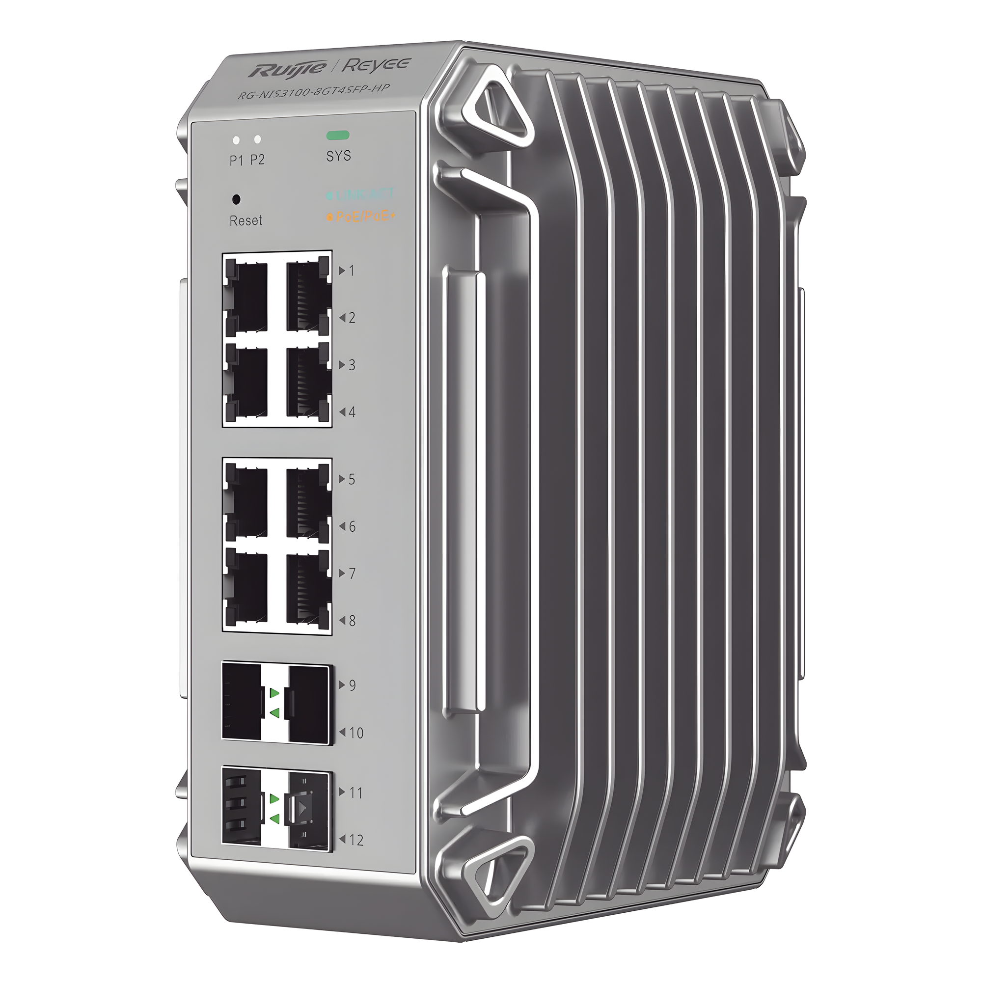 Switch Industrial PoE, Ideal para temperaturas Extremas y protección contra descargas, 8 Puertos Gigabit PoE 802.3 af/at, 4 Puertos SFP Administrable Cloud — RUIJIE · SKU RG-NIS3100-8GT4SFP-HP