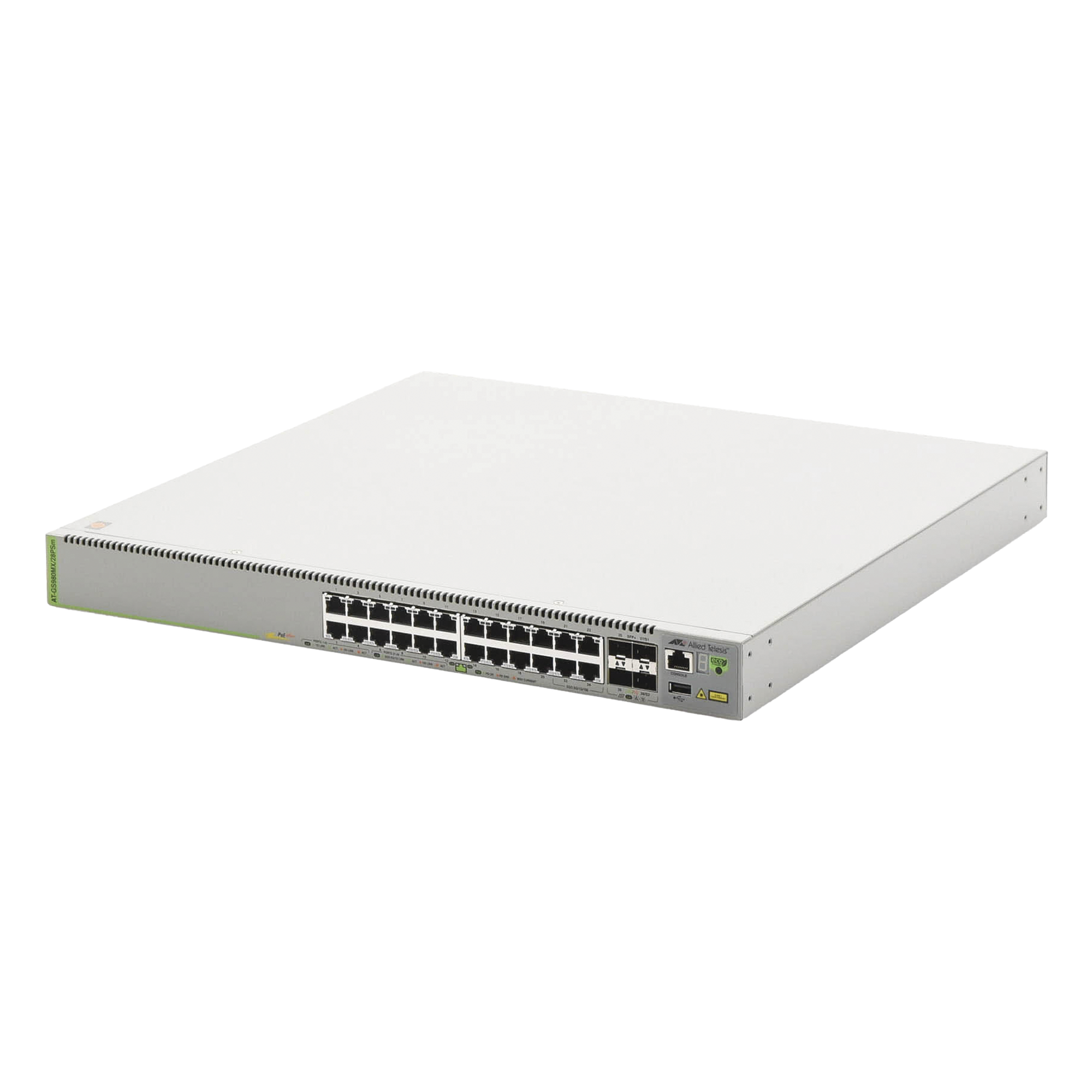 Switch L3, Stack, 20 puertos 1G POE+, 4 MultiGigabit POE+, 4 puertos SFP+, PSU FIJA — ALLIED TELESIS · SKU AT-GS980MX/28PSM-10