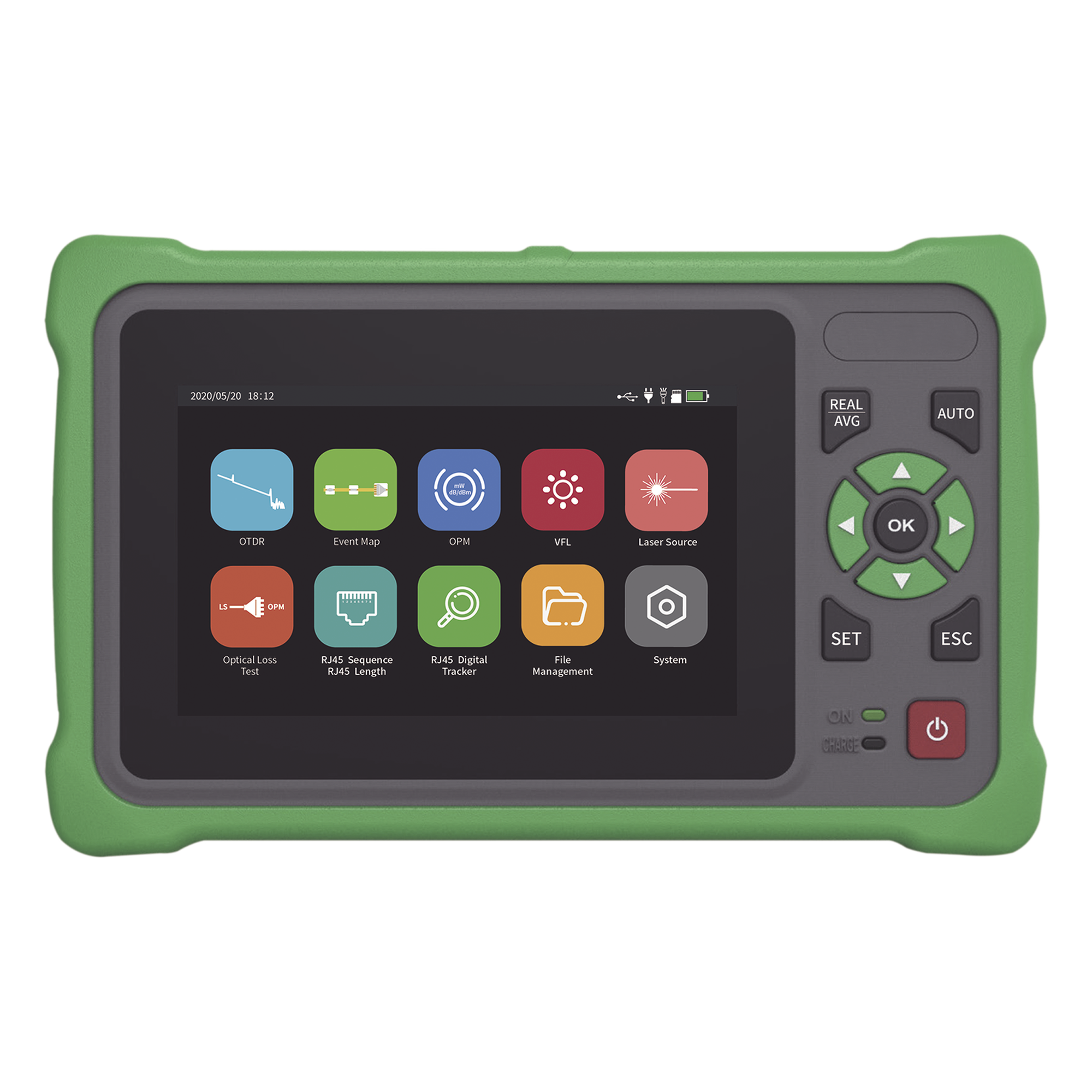 OTDR Touch para Pruebas en los Enlaces de Fibra Óptica / Longitudes de Onda 1310nm y 1550nm / Función VFL 10mW / Función OPM / Función de Mapeo de Cables de Red RJ45 / Recargable / Distancia de Prueba de hasta 260 Kilóme