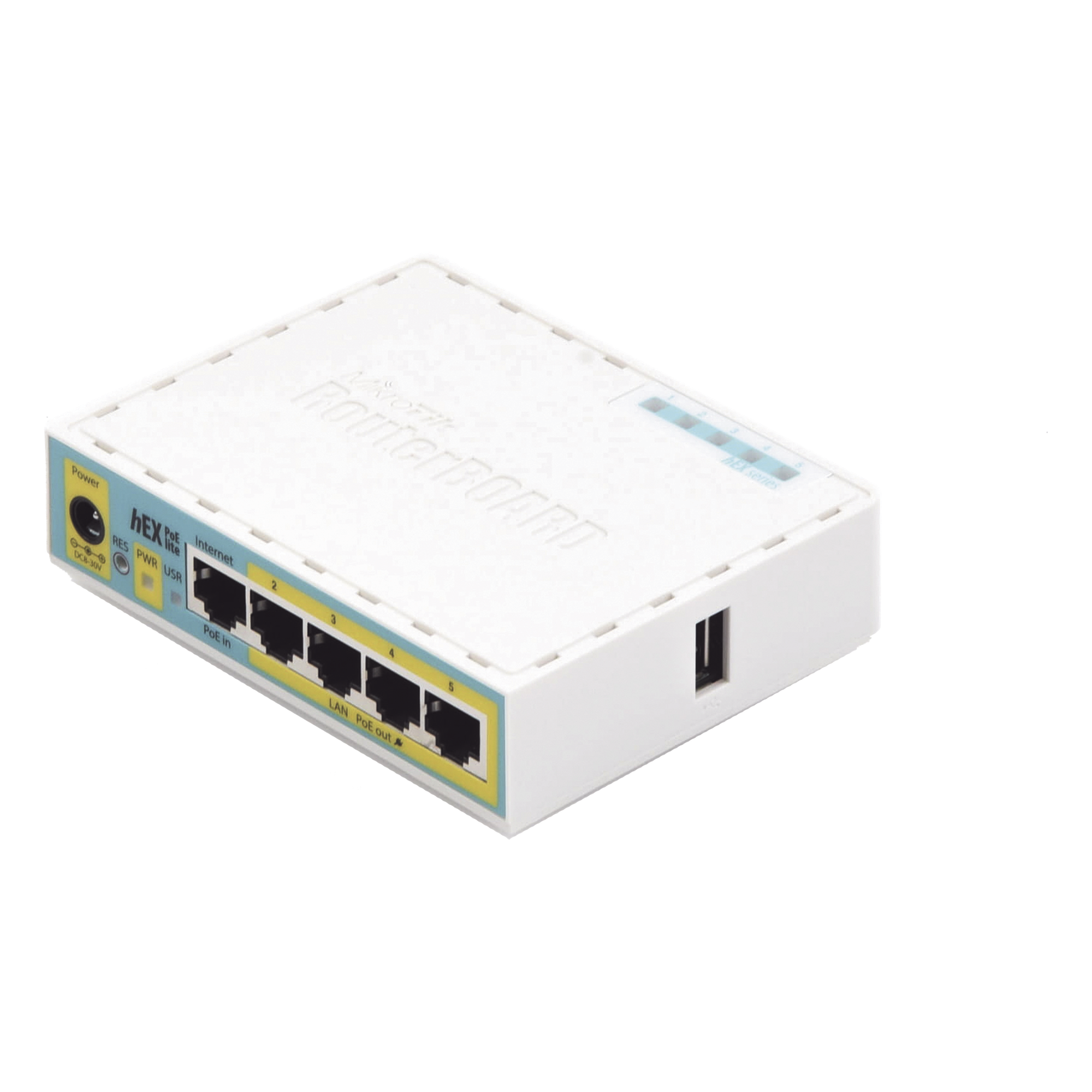 (hEX PoE LITE) RouterBoard, 5 Puertos Fast Ethernet, 4 con PoE Pasivo, 1 Puerto USB
