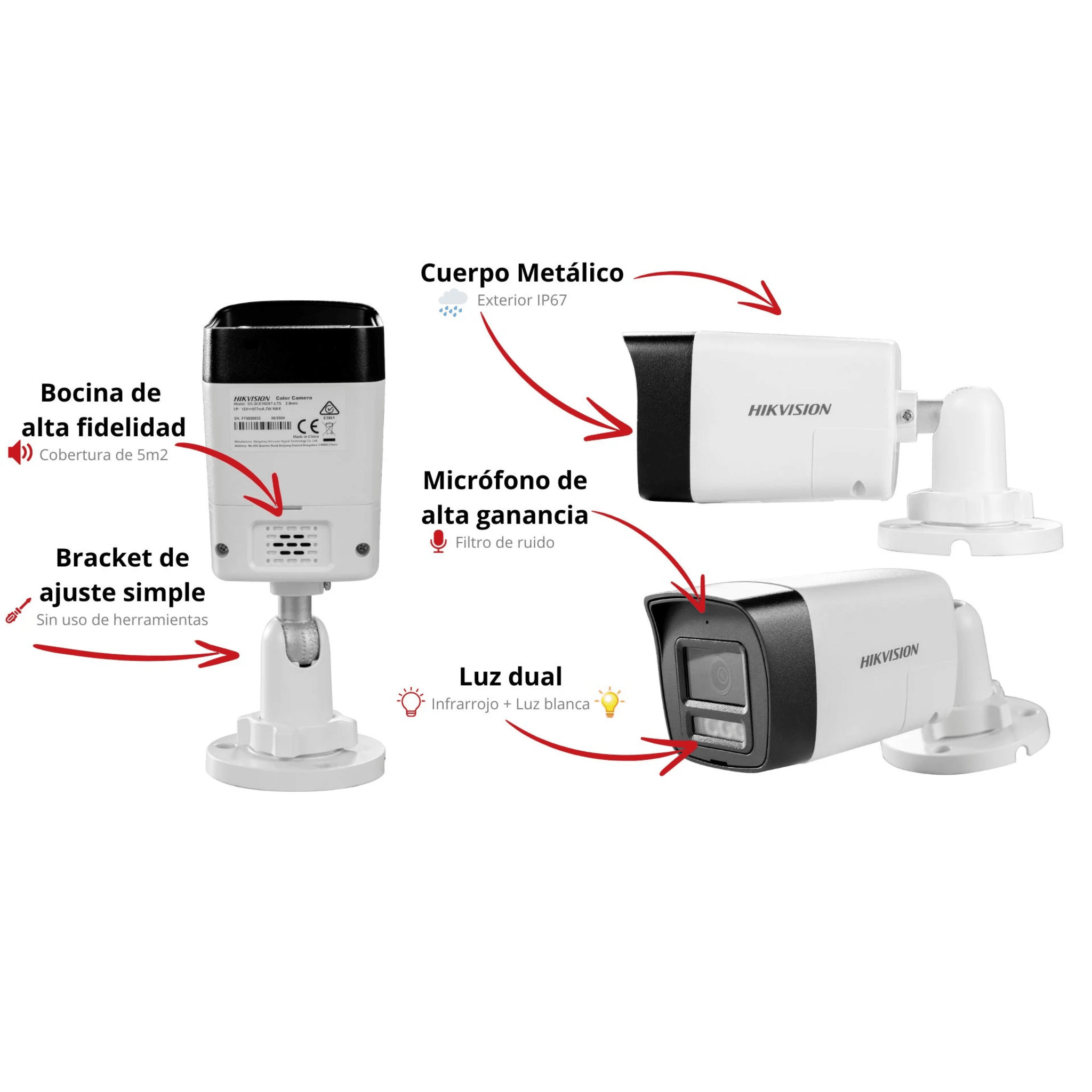 [Audio Bidireccional + Dual Light + ColorVu] Bala TURBOHD 3K (5 Megapixel) / Lente 2.8 mm Angulo de vision 112° / 30 mts IR EXIR + 20 mts Luz Blanca / Micrófono y Bocina Integrado / Exterior IP67 / Metal / dWDR
