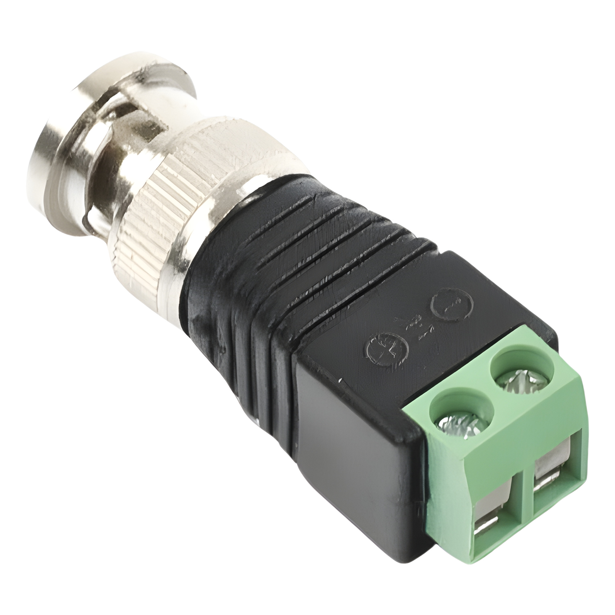 Adaptador de conector BNC macho a 2 terminales-tornillo para cables AWG-26-14, en aplicaciones Video Vigilancia, Níquel/ Oro/  PTFE y PVC.