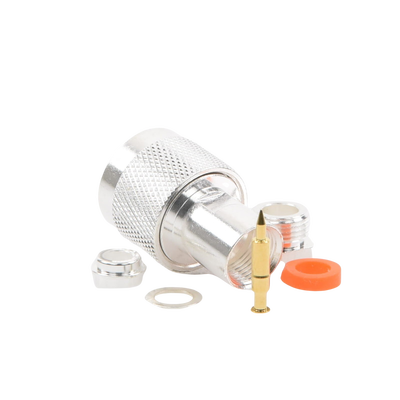 Conector N Macho de Rosca para Cables RG-8/X, LMR-240, BELDEN 9258, Plata / Oro / Teflón.
