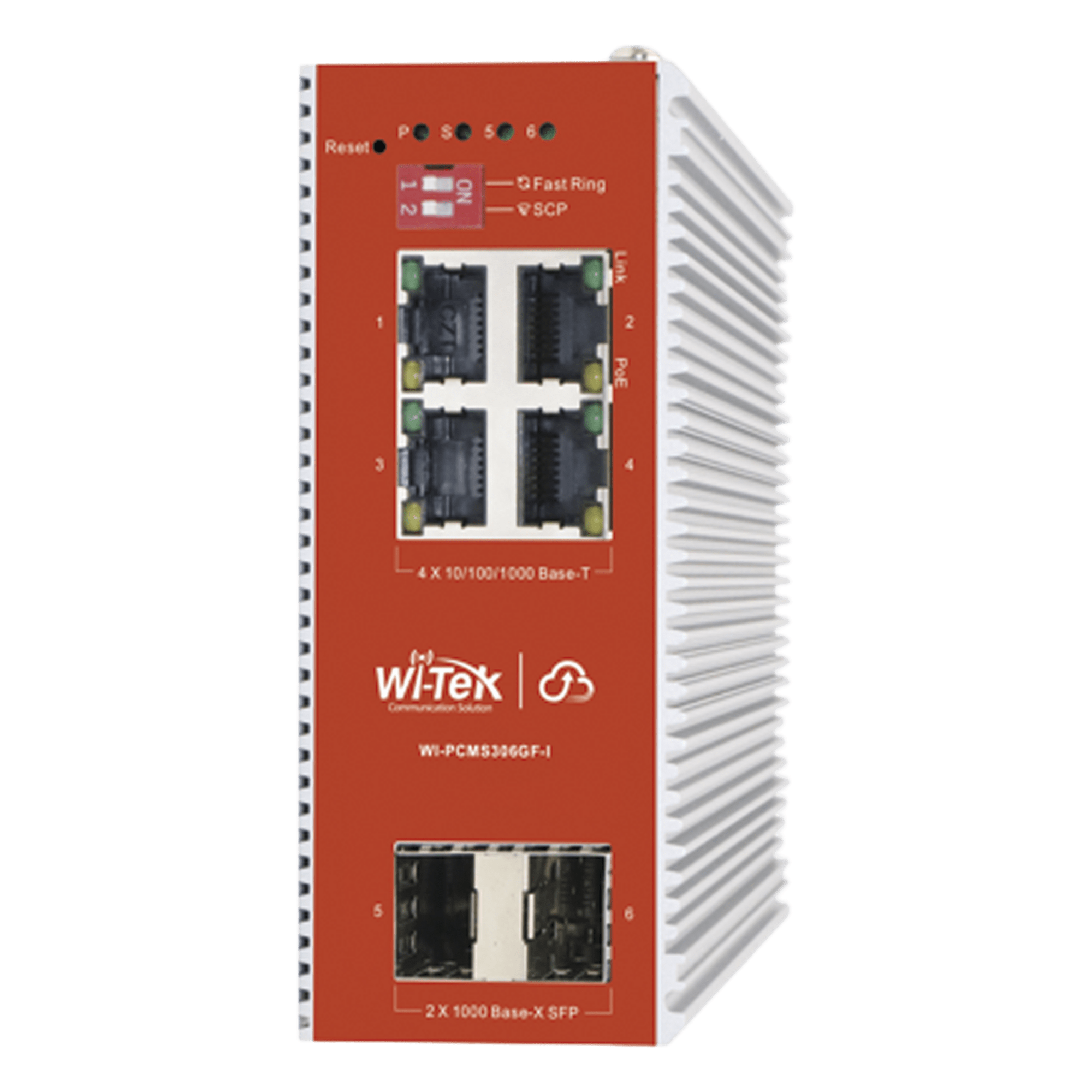Switch L2+ PoE Industrial / Administración Cloud-Web-CLI / 4 Puertos PoE af/at 100/1000 Mbps / 2 Puertos SFP Gigabit / Presupuesto PoE 120 W / Protocolo ERPS (redundancia enlaces) — WI-TEK · SKU WI-PCMS306GF-I