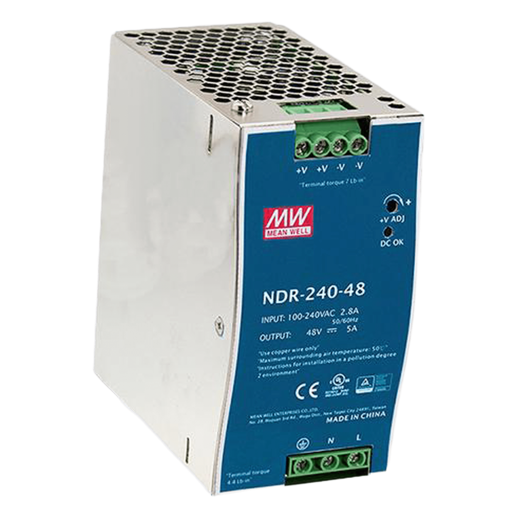 Fuente de Poder Industrial de 240W, salida 48Vcc, 5A, para montaje Riel Din — MEANWELL · SKU NDR24048