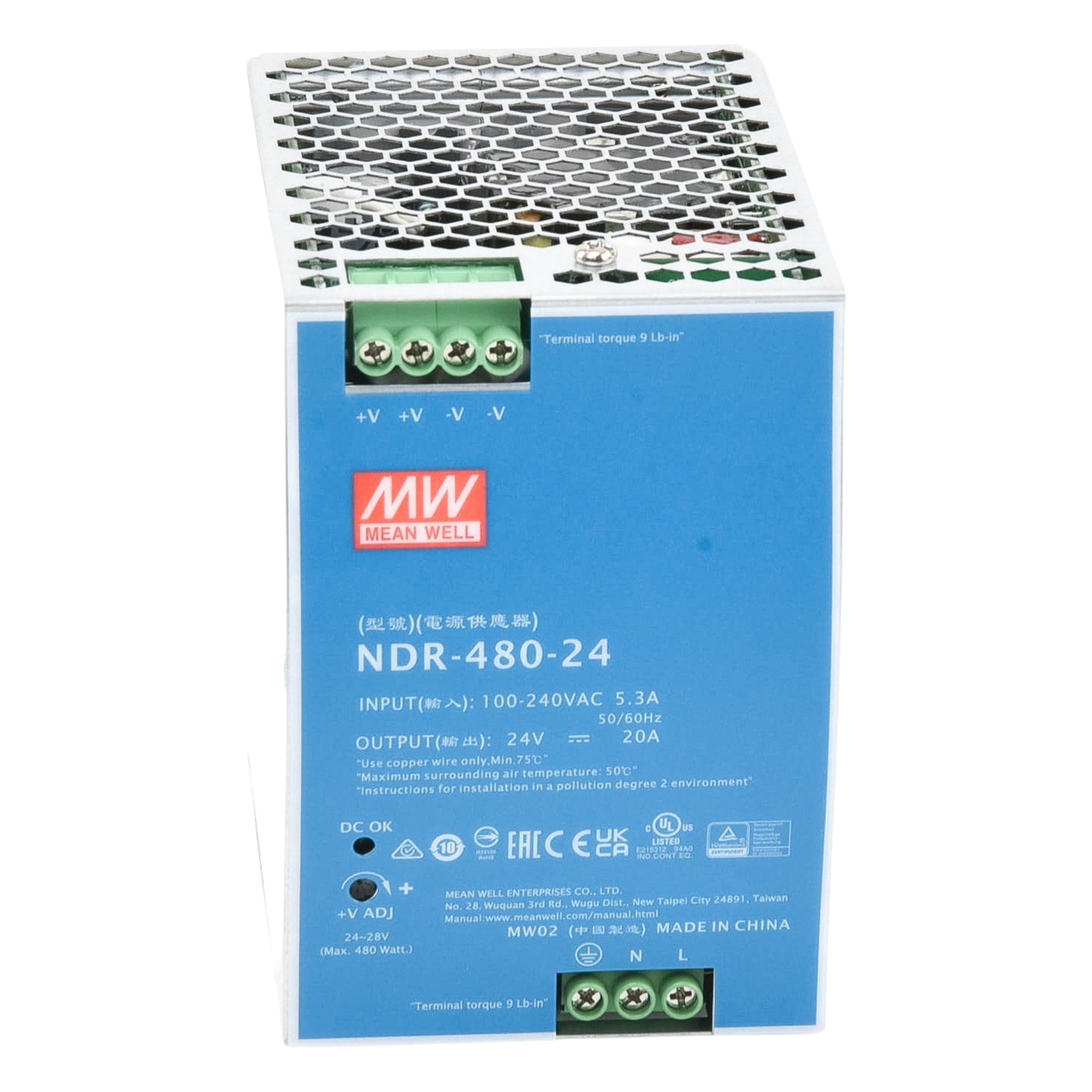 Fuente de Poder Industrial / 480W / Salida 24Vcc 20A / Entrada 100-240Vca / Eficiencia 92.5% / Riel DIN
