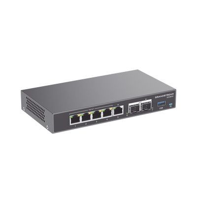 4 en 1: Firewall Nueva Generación, Router, IP PBX (24 usuarios / 8 llamadas), Switch Gigabit de 5 Puertos (4 PoE) y 2 Puertos SFP 2.5 Gigabit
