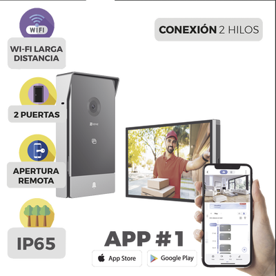 Videoportero IP Conexión a 2 Hilos / Con Monitor Wi-Fi para Interior / Frente de Calle IP65 Uso En Exterior Debe Tener Protección / Cámara 3 Megapíxel / Llamada a la App / Apertura remota / Apertura de 1 Puerta y un 1 Porton