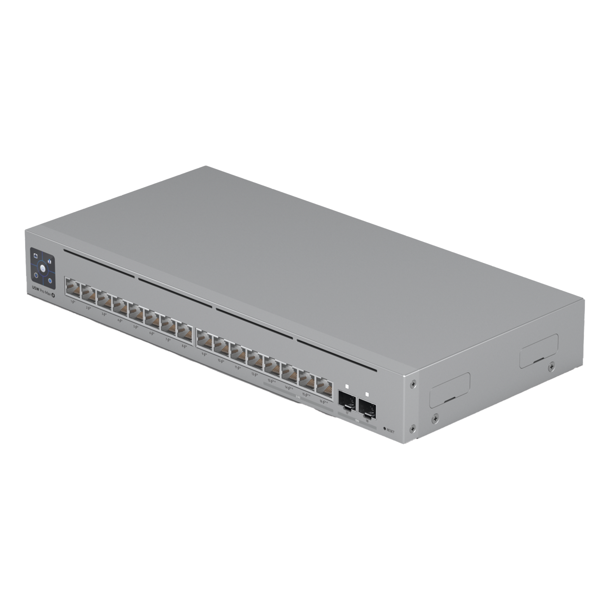 Switch PoE Administrable / 16 Puertos / 4x 2.5 GbE PoE++ / 12x GbE PoE+ / 2x SFP+ 10G / 180W / Pantalla Táctil 1.3' — UBIQUITI · SKU USW-PRO-MAX-16-POE