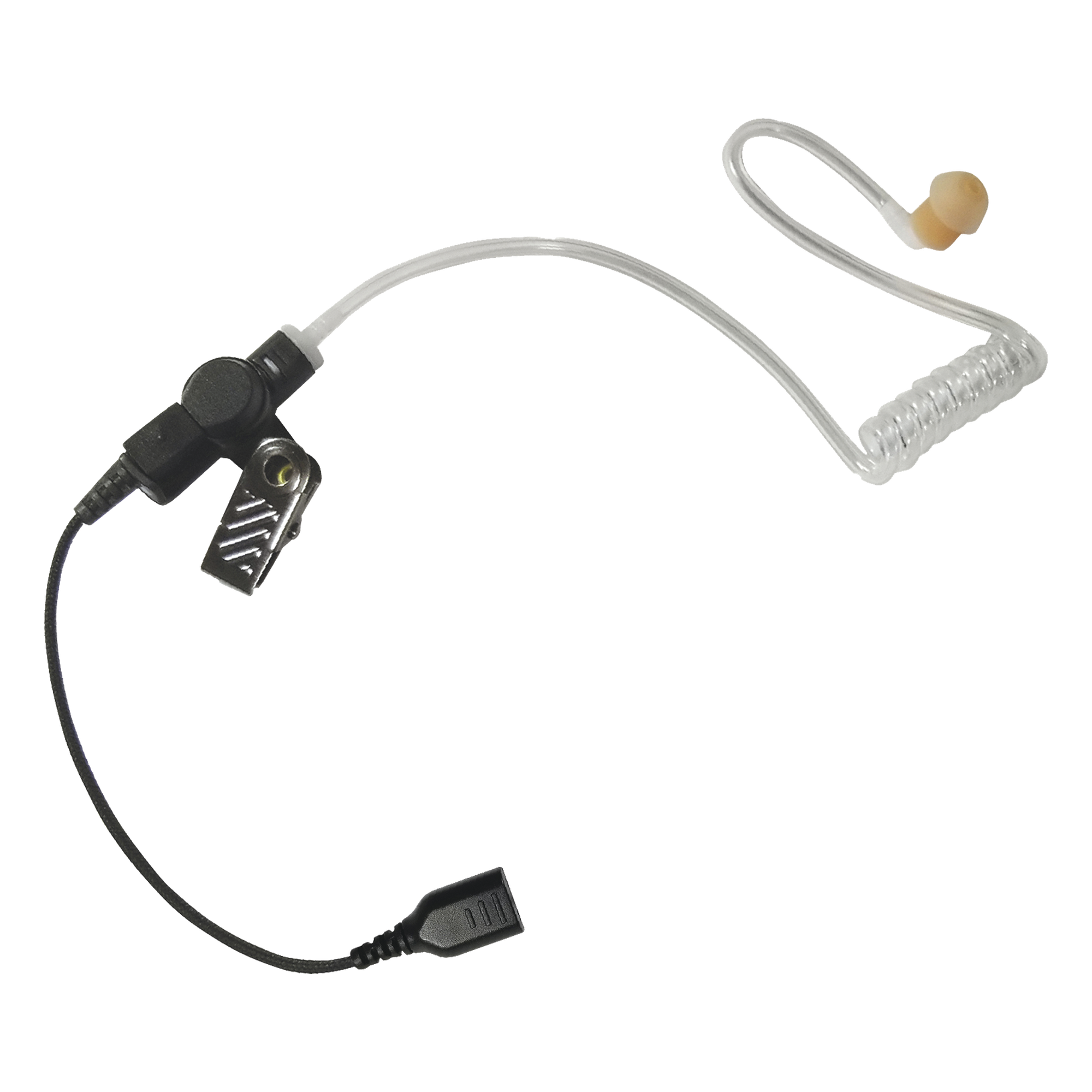 Auricular de tubo acústico transparente con cable de fibra tranzada con conector SNAP tipo MIRAGE. Requiere micrófono de solapa de 1 o 2 hilos de la Serie SNAP. — PRYME · SKU SNP-AT