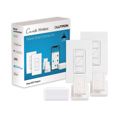 Kit de inicio de iluminación inteligente con hub Smart Bridge, 2 atenuadores de pared sin neutro, 2 controles Pico con pedestal de mesa y 2 placas, Caseta Wireless — LUTRON CASETA WIRELESS · SKU PBDGPKG2W