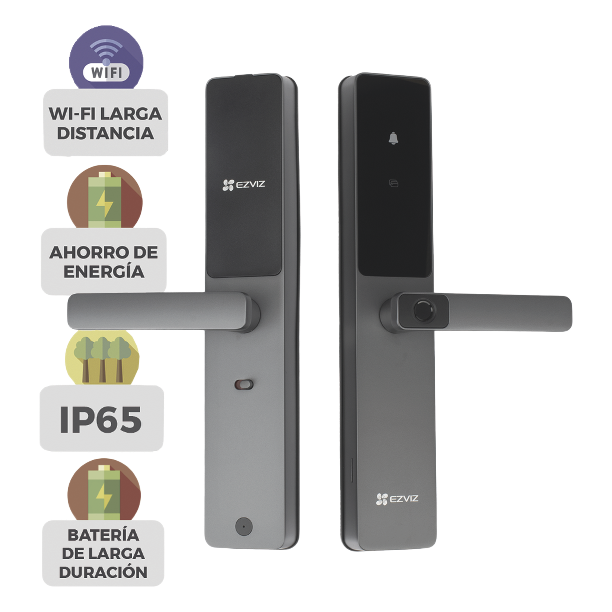 Cerradura Inteligente / Wi-Fi / Bluetooth / Códigos Temporales Para Visitantes / Lectura de Huella / Lectura de Tag / Contraseña / Botón para Timbrar / Apertura Remota / Alarma Anti-intrusión / No Requiere HUB — EZVIZ · SKU CS-DL05-R200