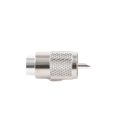 Conector UHF Macho (PL-259) para cables LP-400, RG-8/U, RG-8U-SYS, 8237, 8267, 8268, 9913, CTN-400, 7810, 8214, 7810A, RFLASH-1113, LMR-400, Plata (Concha-Níquel)/ Plata/ D.A.P. (Fibra Sintética)