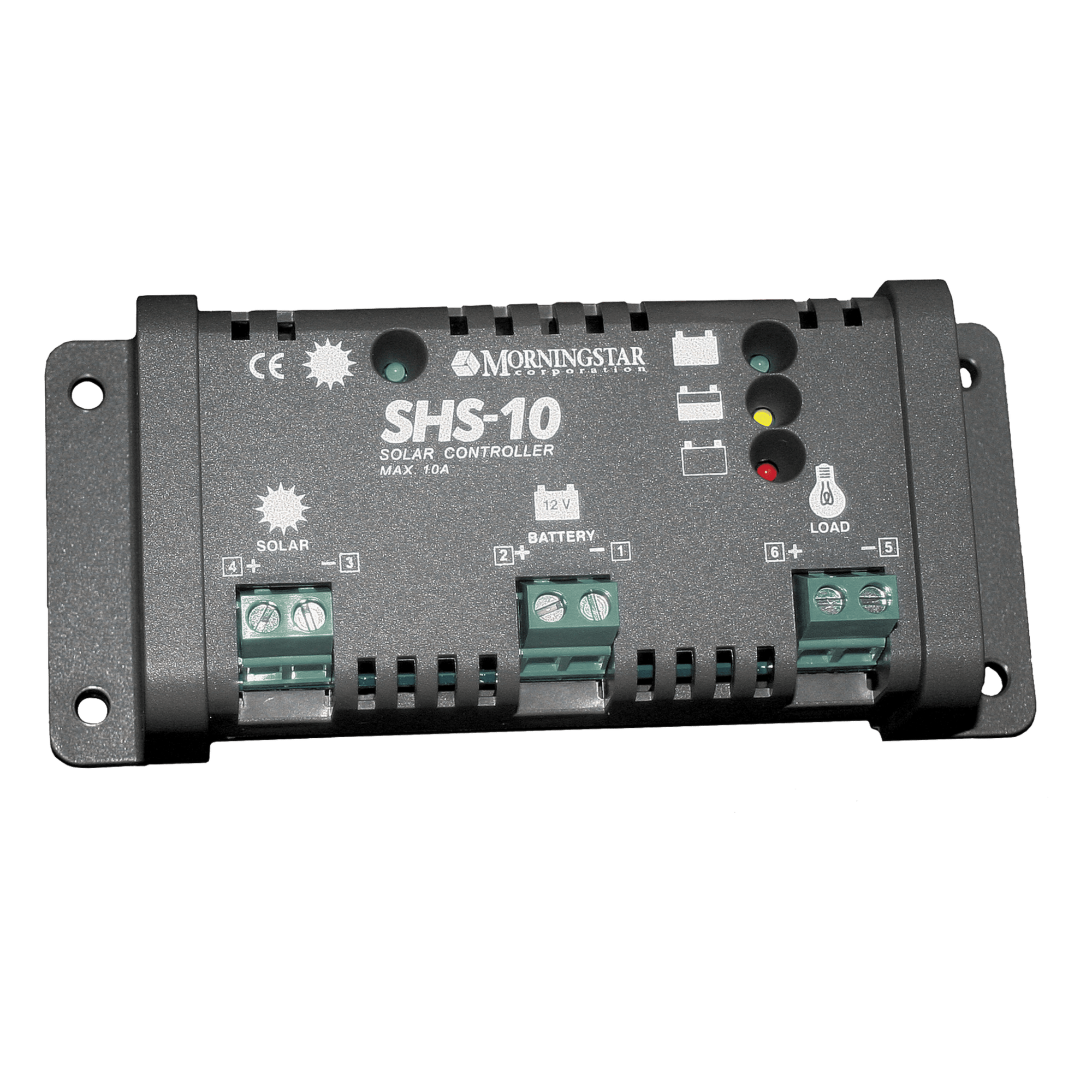 Controlador de Carga Solar PWM 10 A / 12 VCC / Desconexión Automática / IP22 / Protección Integral / Bajo Consumo 8 mA — MORNINGSTAR · SKU SHS-10