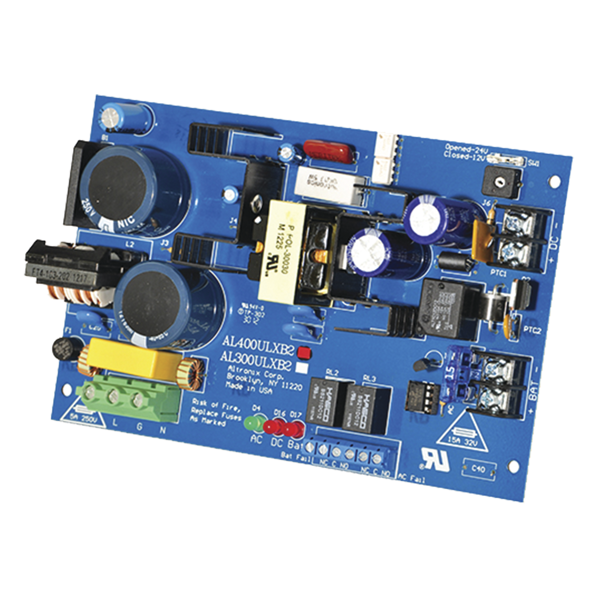 Fuente de alimentacion tipo tarjeta, salida seleccionable de 4 A@12 y 24 Vcc @ 3 A, capacidad de respaldo, reley de supervision — ALTRONIX · SKU AL400ULXB2