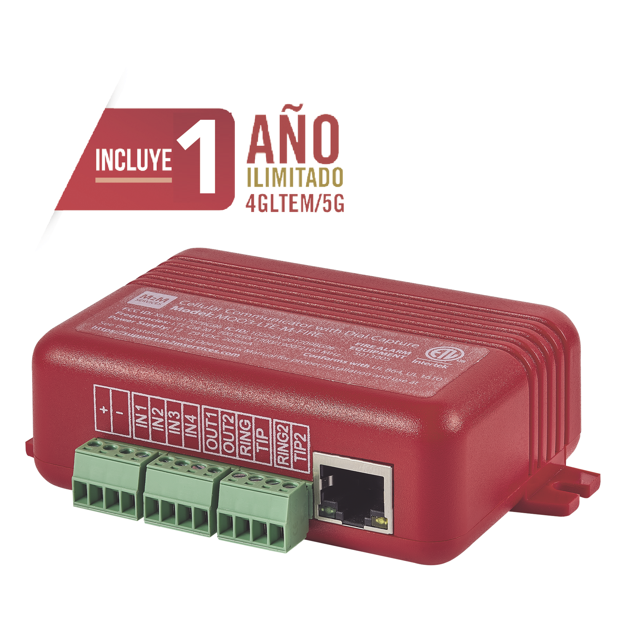 COMUNICADOR DUAL Universal para PANELES DE INCENDIO 4GLTEM - 1 Año de Servicio - Eventos a CMS — M2M SERVICES · SKU MQ03-LTE-M-FIRE