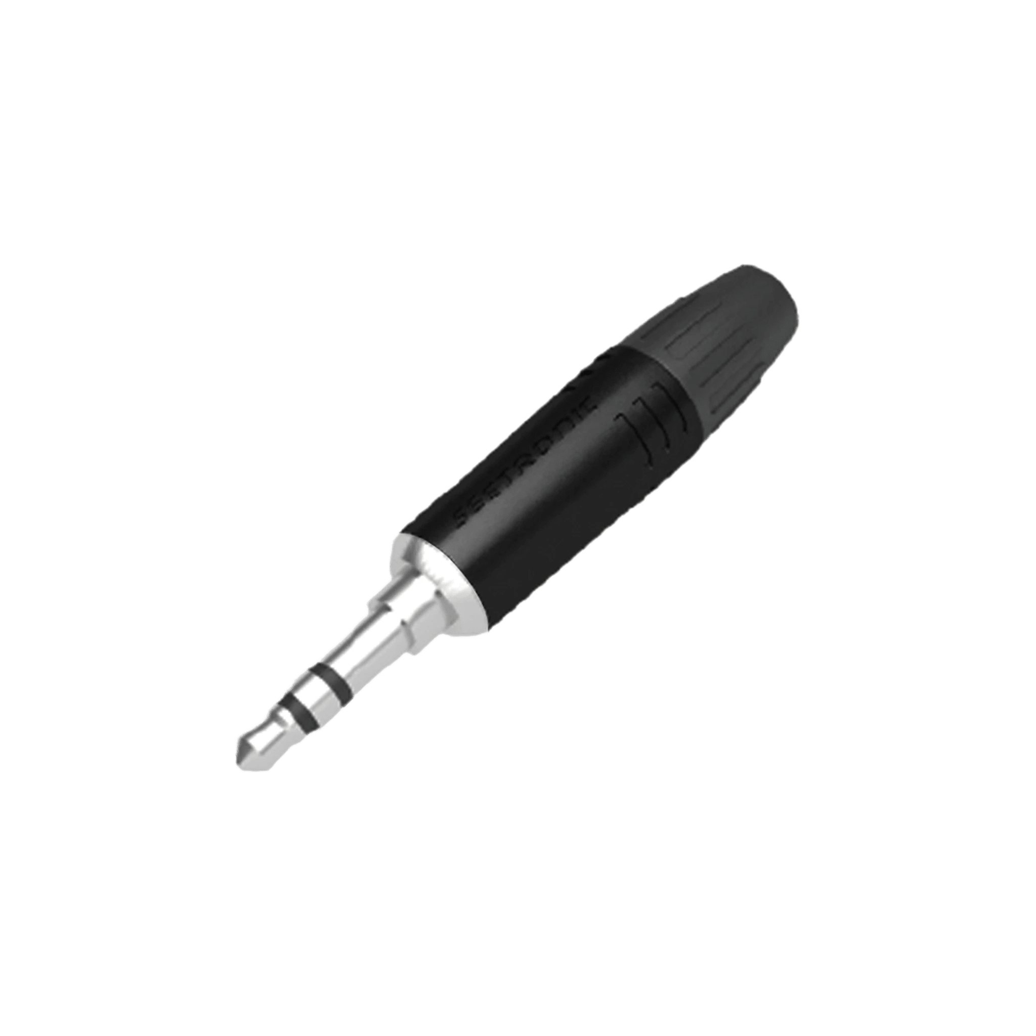 Conector delgado estereo de 3.5 mm, carcasa cromada negra, contacto niquelado, cable OD 2-4,5 mm