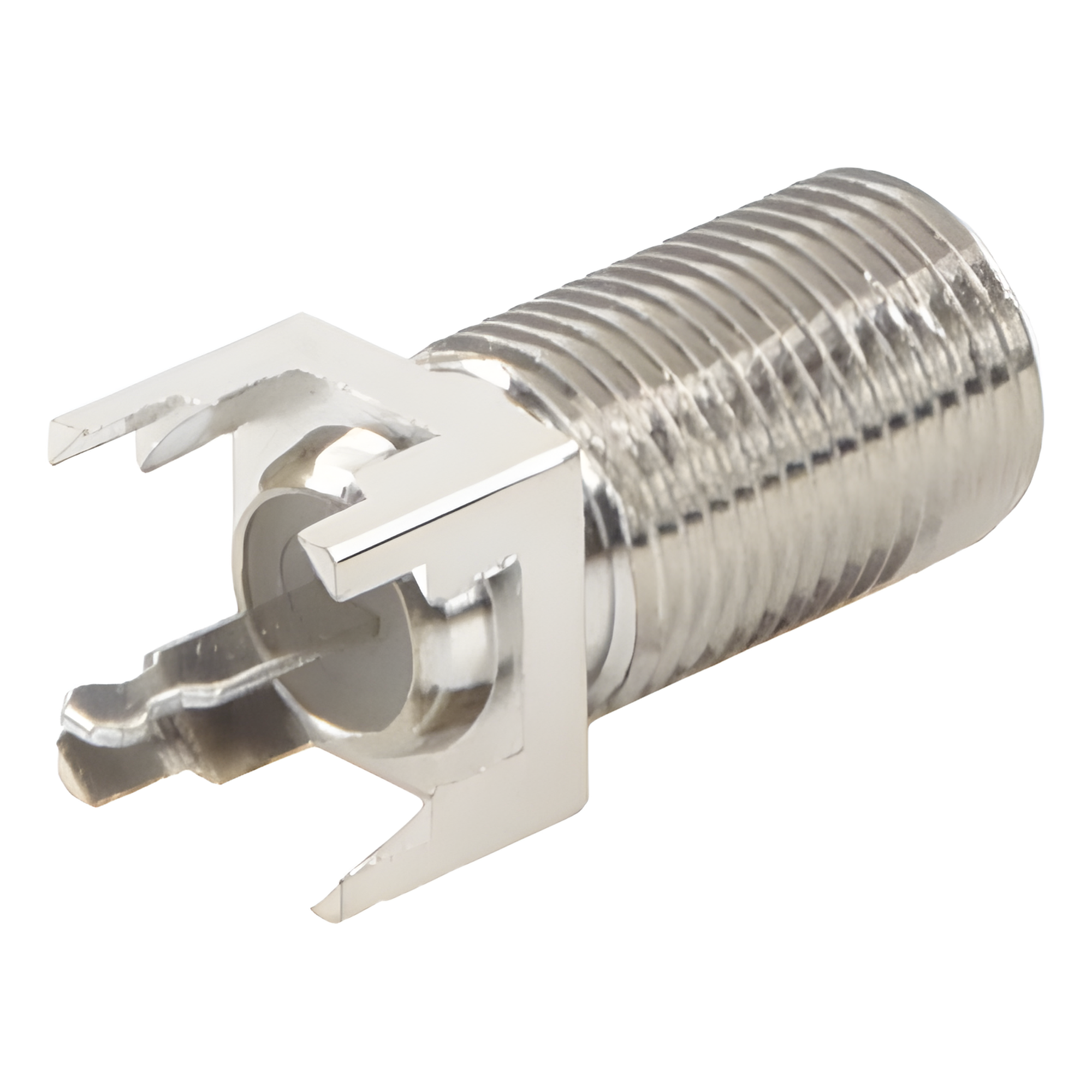 Conector F Hembra para PCB de Montaje Vertical, Níquel/ Estaño/ Polietileno. — RF INDUSTRIES,LTD · SKU RFF-1450-03