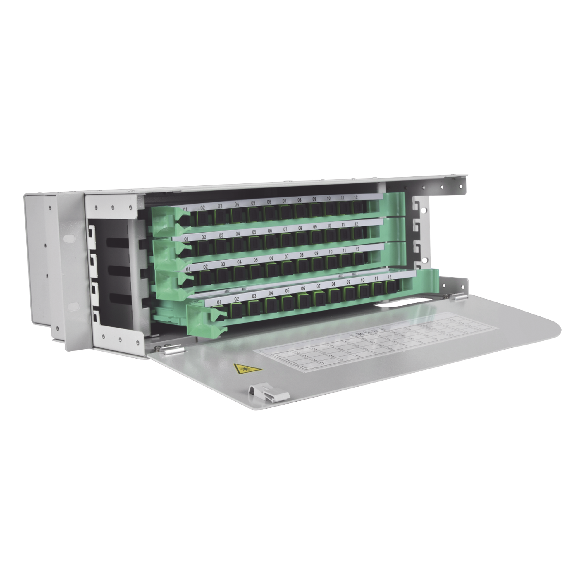 Distribuidor de Fibra Óptica para 48 Empalmes, con 48 Acopladores SC/APC y 48 Pigtails, 19, 3 UR — FIBERHOME · SKU ODU19T-A48-A
