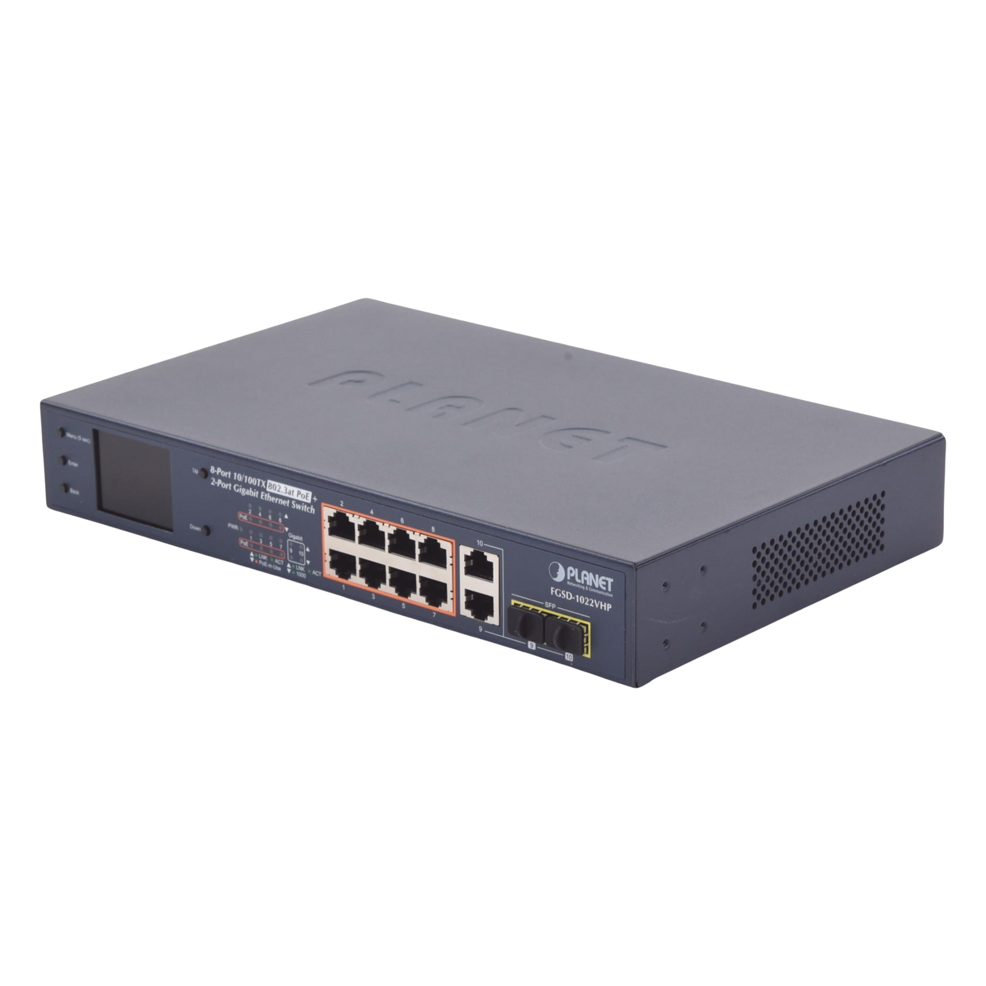 Switch PoE+ / Distancia 250 Metros / 8 Puertos + 2 Combo TP/SFP Gigabit y Pantalla LCD Para Monitoreo — PLANET · SKU FGSD-1022VHP