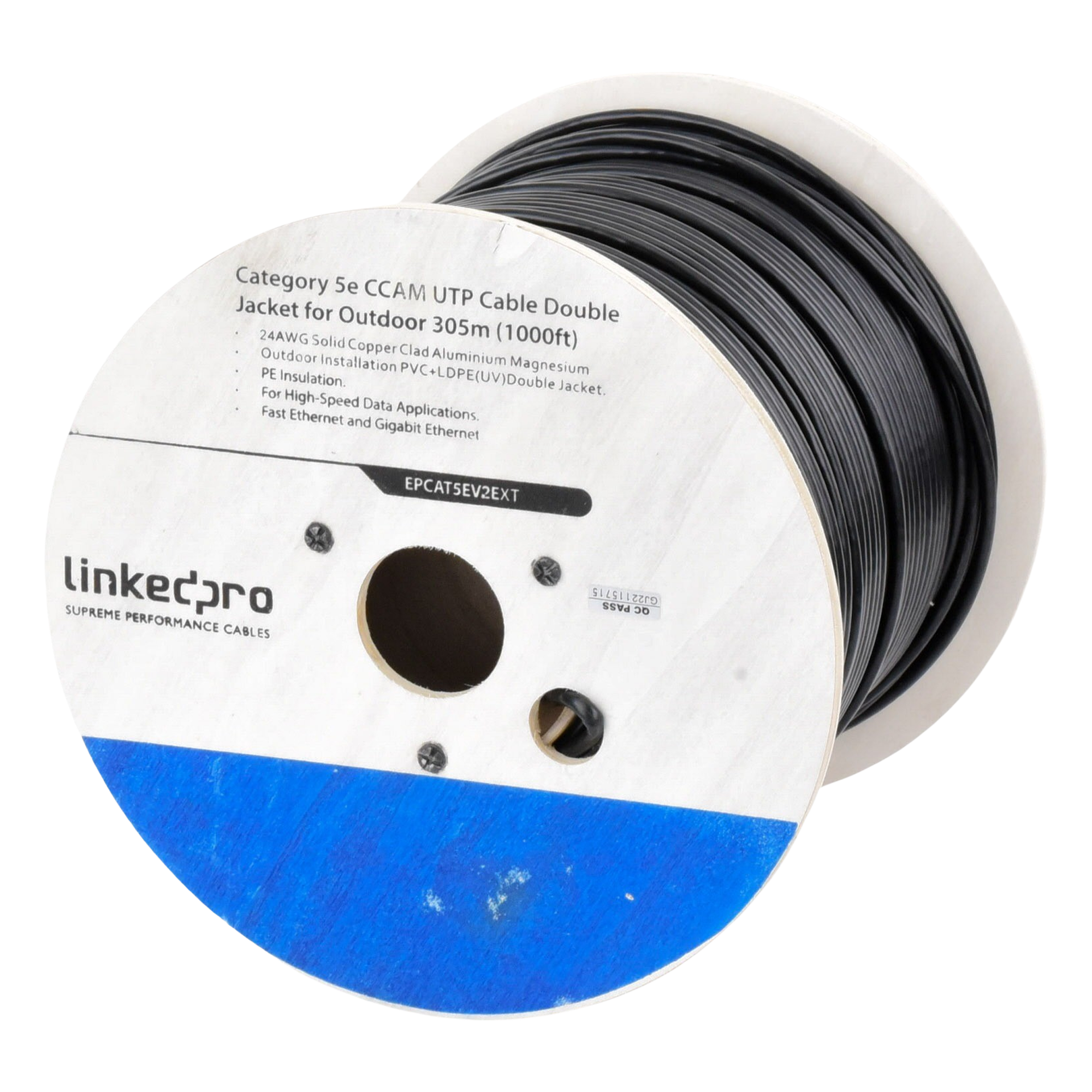 Bobina de Cable de 305 Metros (1000 Pies) Cat5e, Aleación de Cobre y Aluminio (CCA), Color Negro, Uso Intemperie, Doble Forro — LINKEDPRO BY EPCOM · SKU EP-CAT-5E-V2-EXT