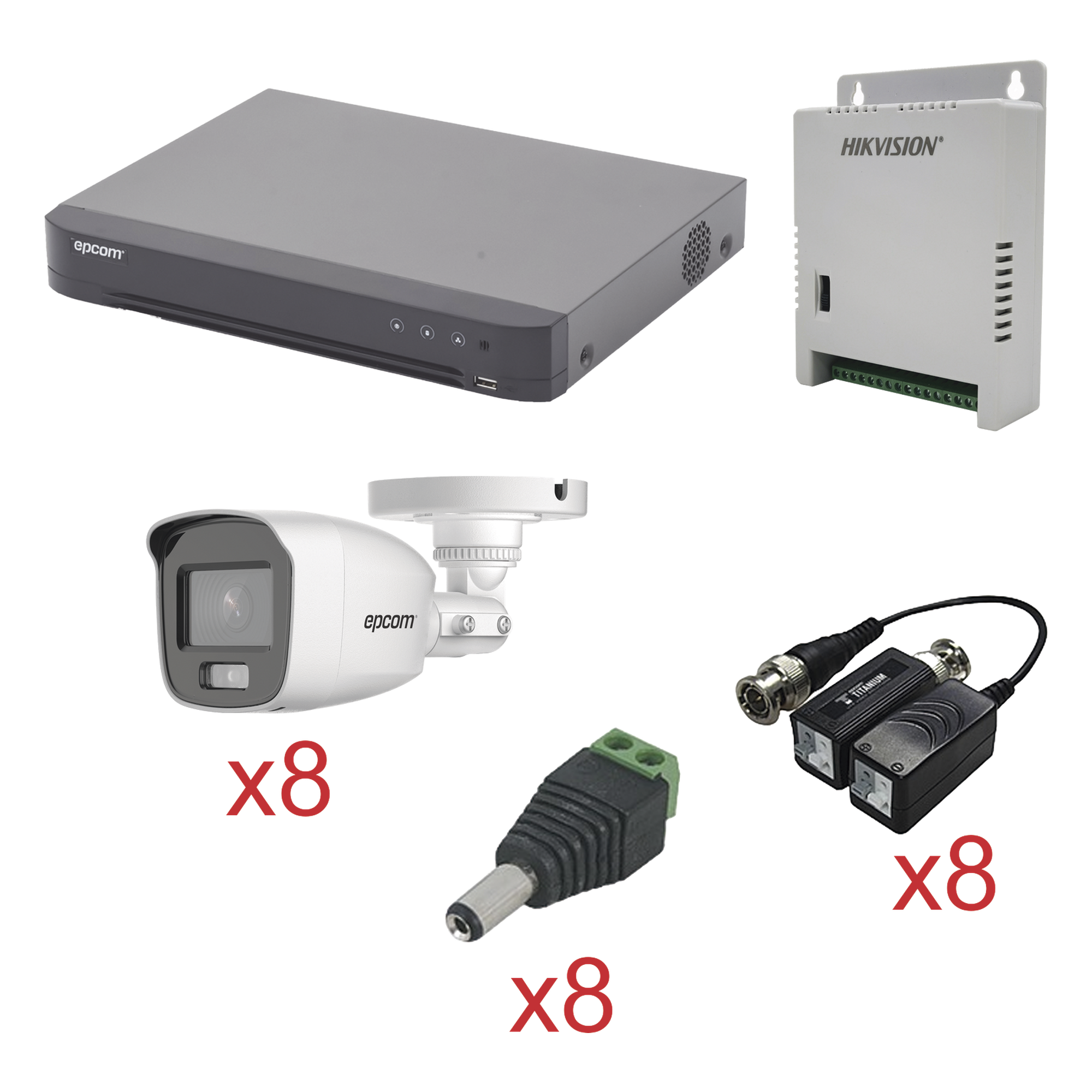 KIT TurboHD con Audio 1080p / DVR 8 Canales / 8 Cámaras Bala (exterior 2.8 mm) / Transceptores / Conectores / Fuente de Poder / AUDIO POR COAXITRON — EPCOM · SKU KEVTX8T8BG/A