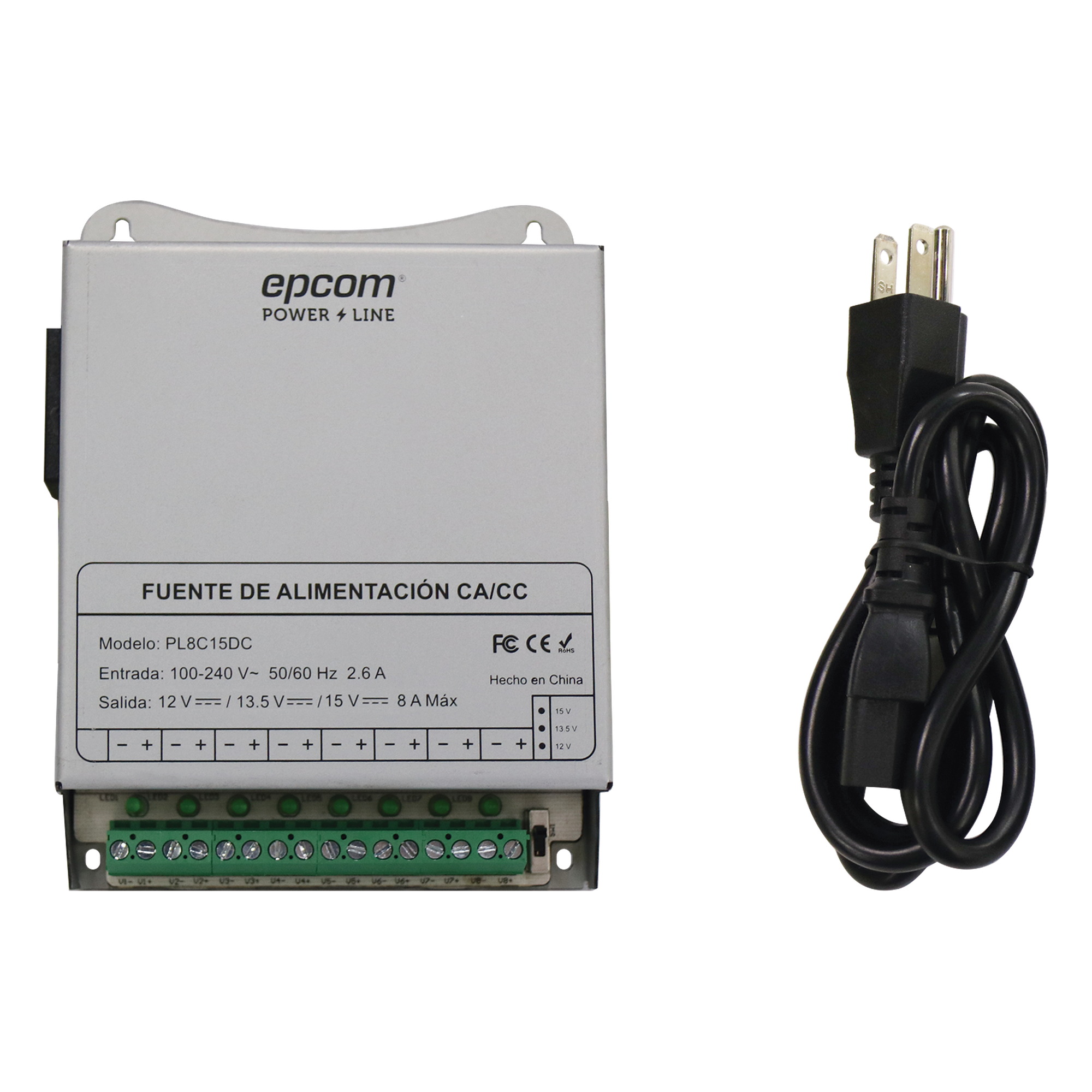 Fuente de Poder Metálica / Para 8 Cámaras / Ajustables a 12 o 13.5 o 15 Vcc / 8 Amperes / Instalación en Pared. — EPCOM POWERLINE · SKU PL-8C-15DC