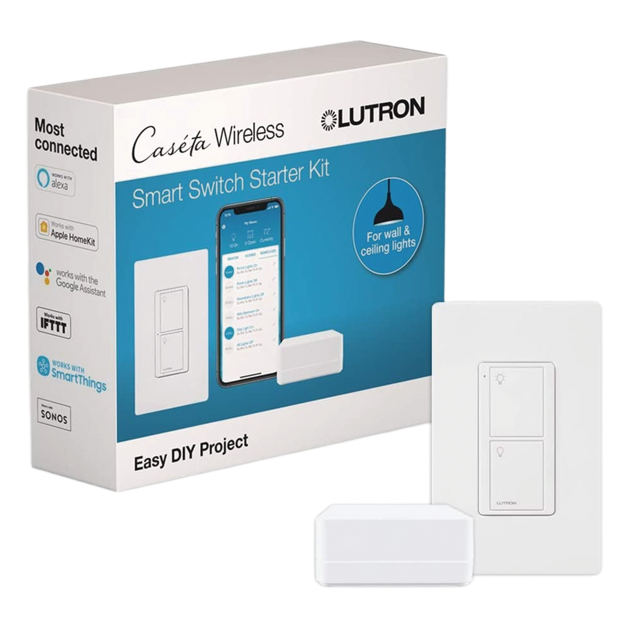Kit de inicio Caseta Wireless con hub Smart Bridge, interruptor on/off inteligente de 5 A con neutro y placa Claro, control por app y asistentes de voz — LUTRON CASETA WIRELESS · SKU PBDGPKG1WS