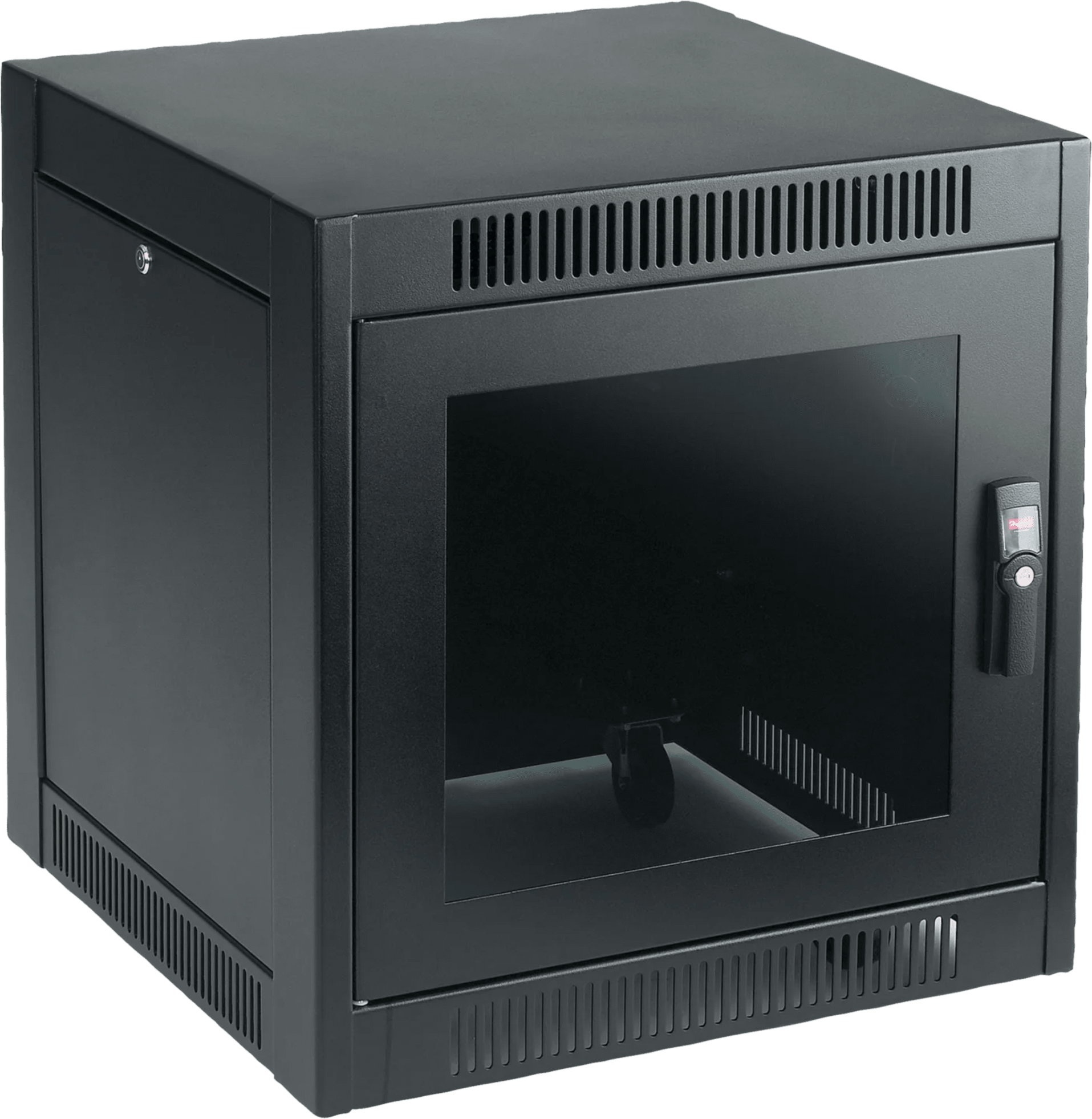 Gabinete SOHO para Oficinas Pequeñas y Home Office, 700 x 600 x 900 mm, Acero Negro, 11U, Ruedas, Sistema de Enfriamiento Pasivo, Puertas con Cerradura, Paneles Laterales Extraíbles