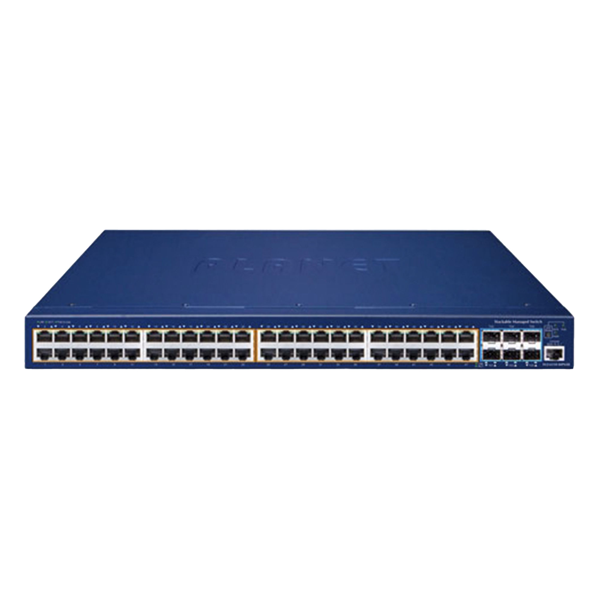 Switch Administrable Stacking Capa 3, 48 Puertos PoE Gigabit 802.3at, 6 Puertos SFP de 10 G, Entrada de Alimentación Redundante de 55 V cc. — PLANET · SKU SGS-6310-48P6XR