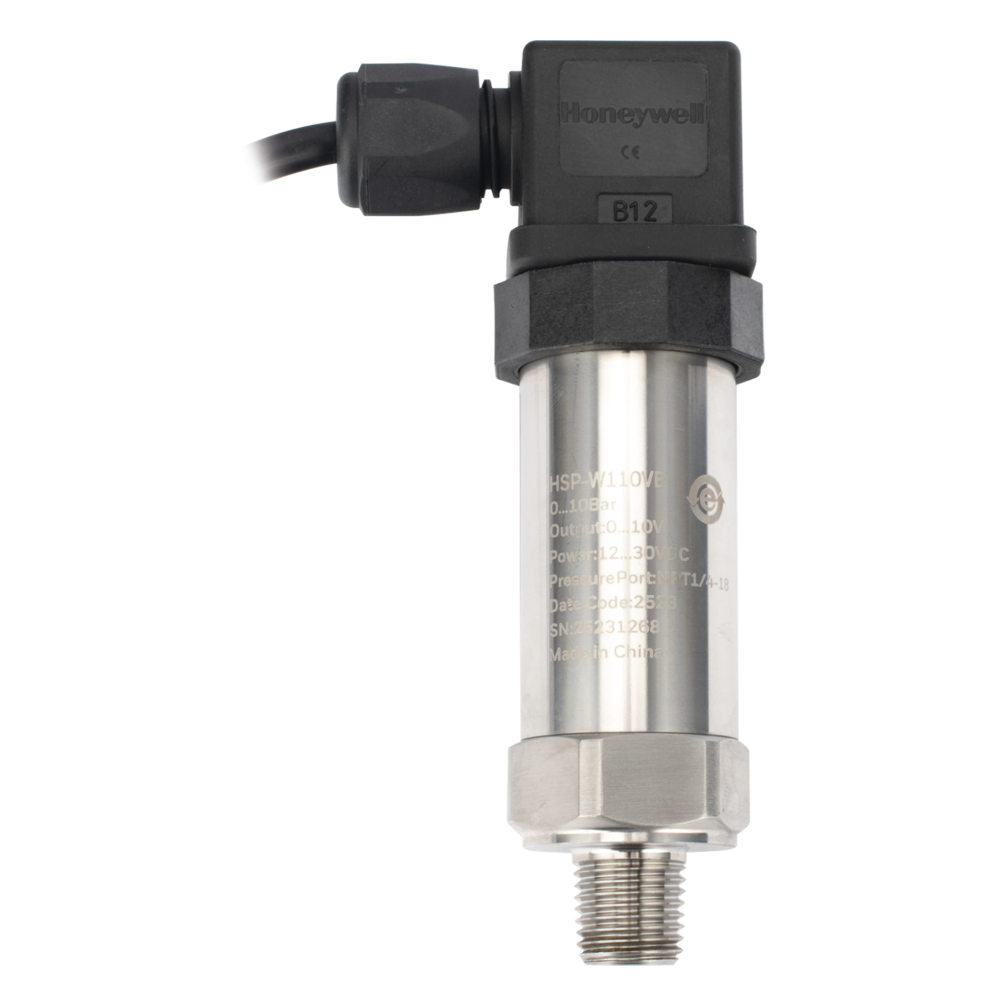 Sensor de presión industrial de 0 a 10 bar con salida analógica 0-10 V y conexión roscada NPT — HONEYWELL BMS · SKU HSP-W110VB