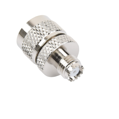 Adaptador en Línea de Conector Mini UHF Hembra a UHF Macho (PL-259), Níquel/ Oro/ Teflón.