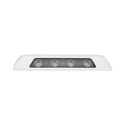 Luz de escena, 4 LED, bisel blanco, 12–24VCD, LED blanco y lente transparente
