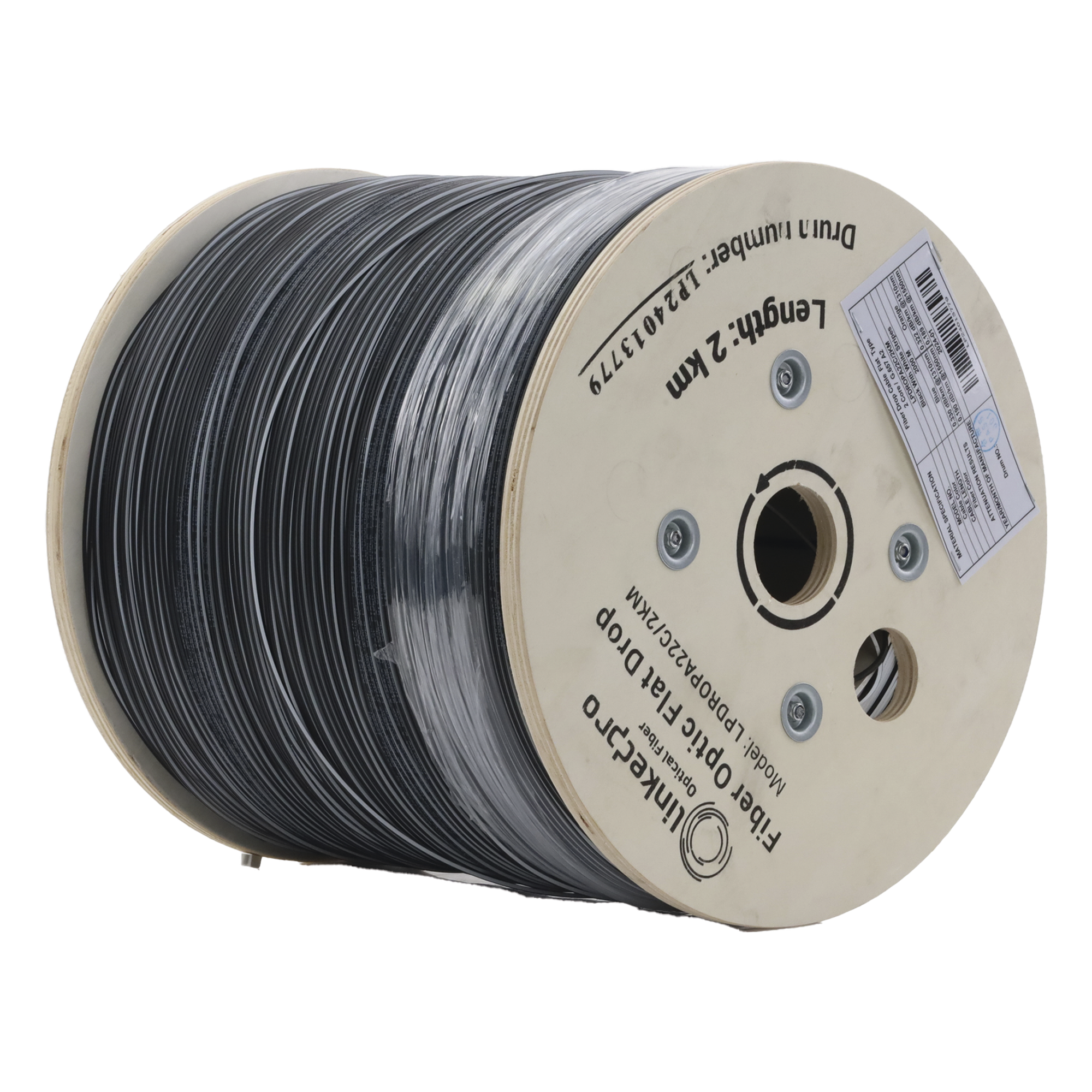 Carrete de 2 km de Fibra Óptica Drop Plana, Interior/Exterior G.657A2 Monomodo de 2 Hilos (Bifibra), Dieléctrica, Forro Negro, (No Soporta Conectores Mecánicos) — LINKEDPRO BY EPCOM · SKU LPDROPA22C/2KM