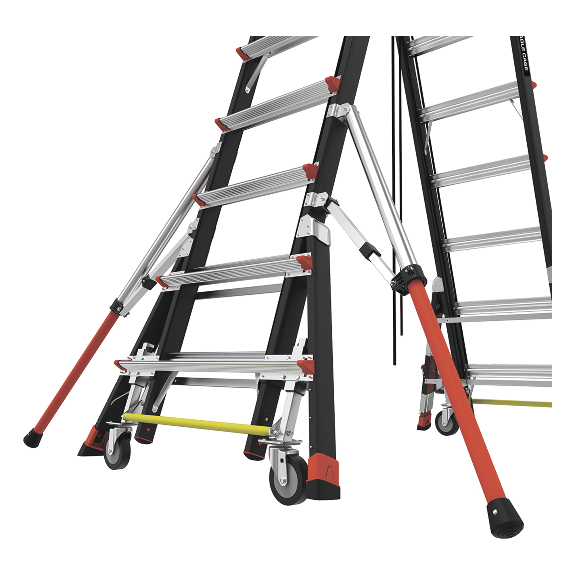 Escalera de Fibra de Vidrio con Jaula de 8'-14' (2.44 - 4.27 m). Con Ajuste en Ruedas (RATCHET™ Leveler) (SKU:18515-817).